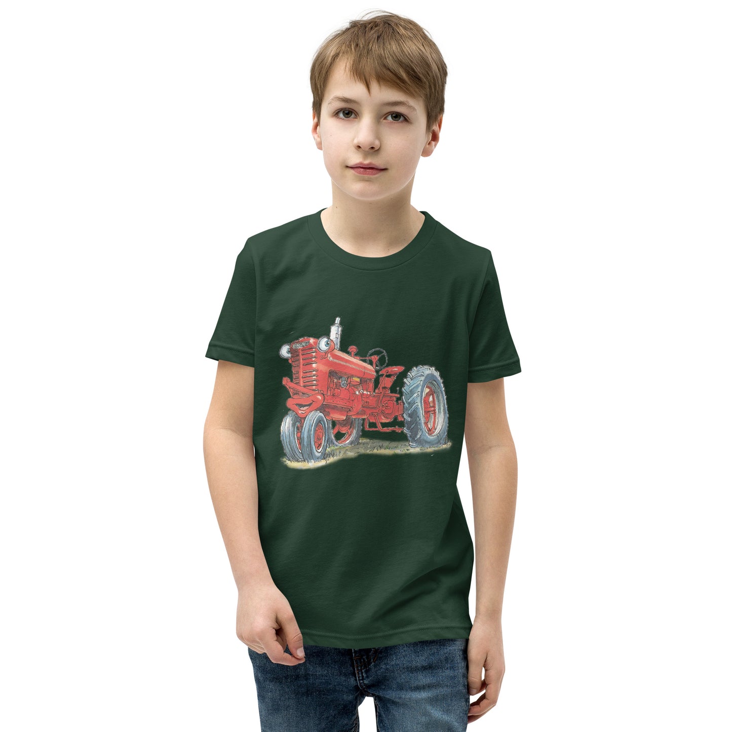 Youth forest green T-shirt with a print of a red tractor
