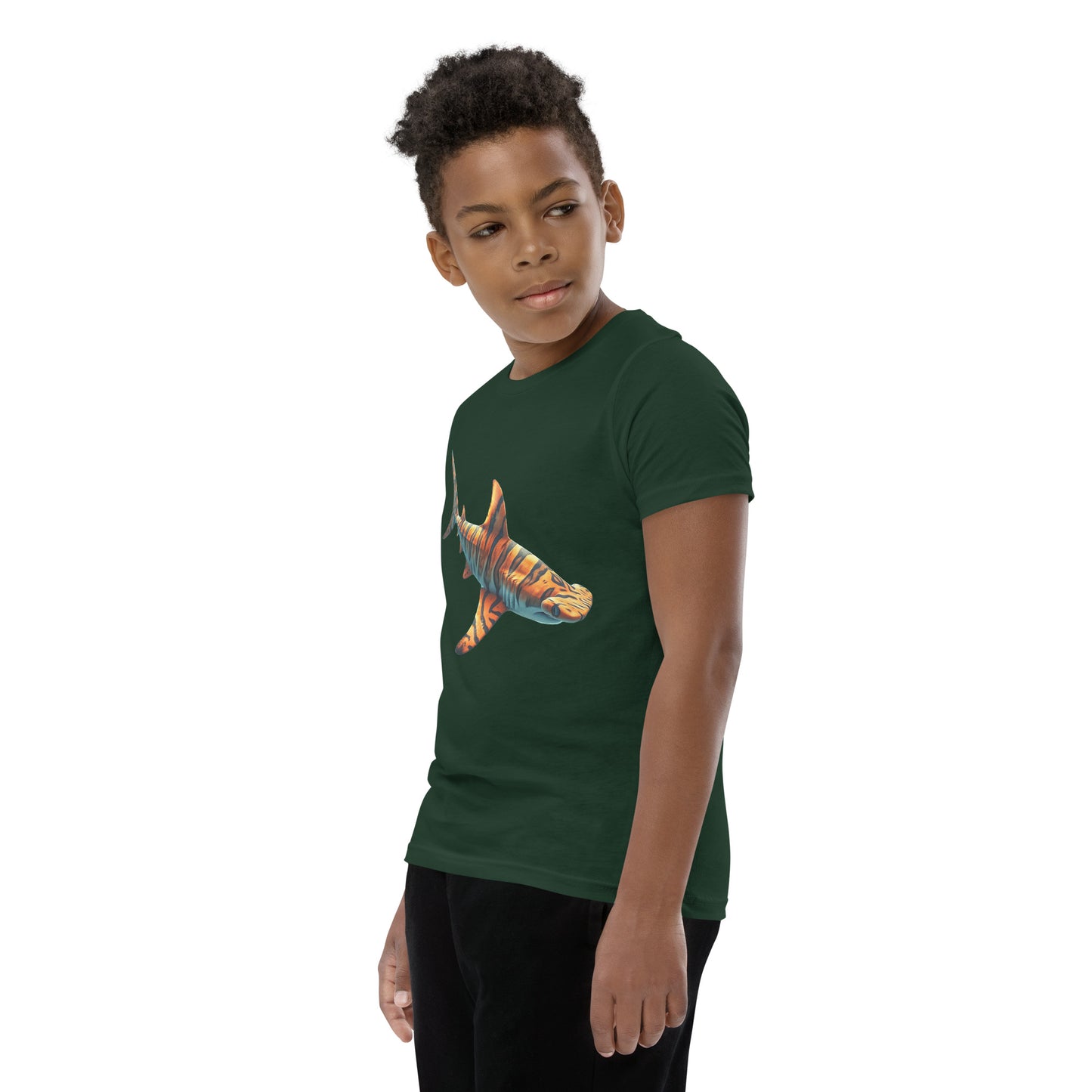 Youth with a forest T-shirt and print of a hammerhead sharp