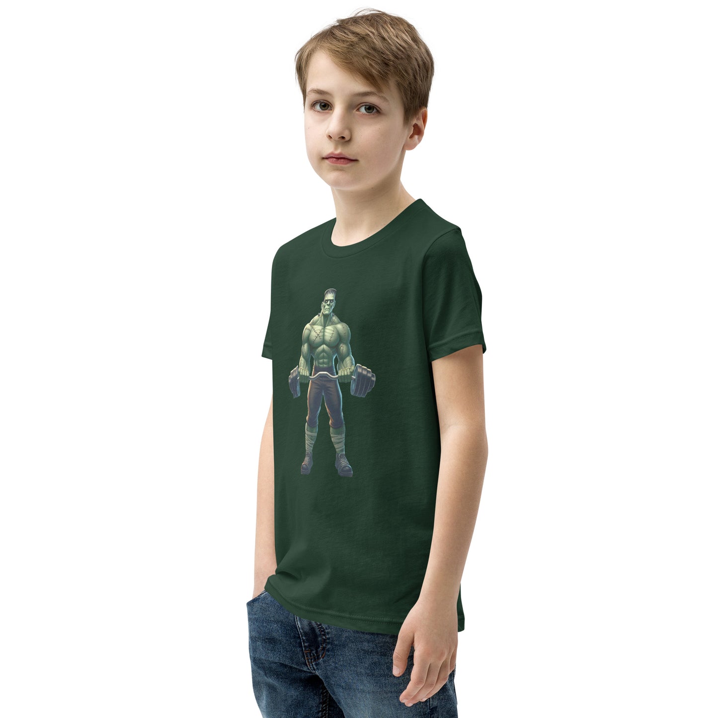 Youth with forest green T-shirt with a print of a bodybuilder