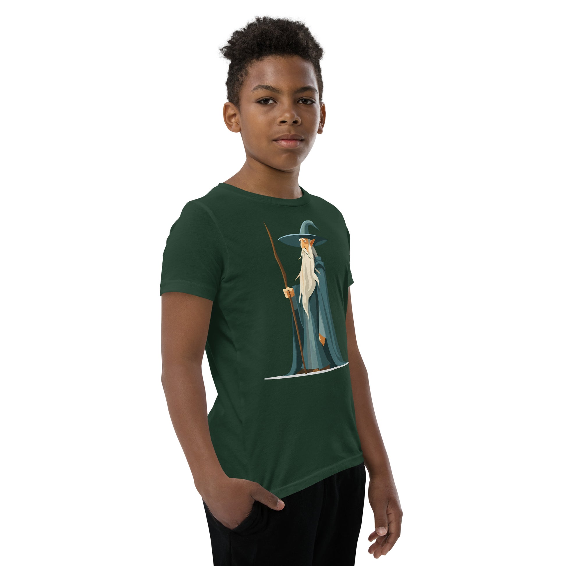Boy with a forest green T-shirt with a picture of a magician