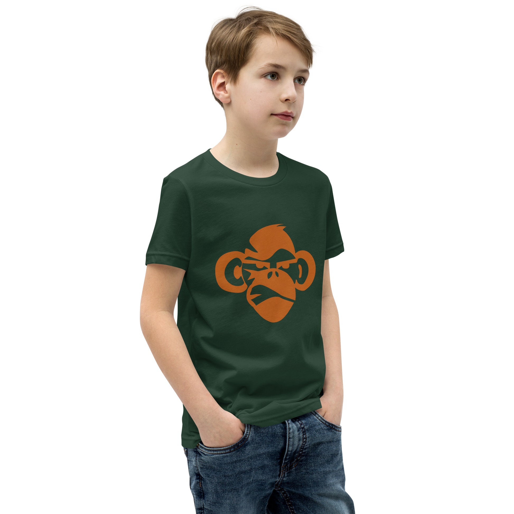 Youth with forest green T-shirt with a print of a head of a monkey in color brown