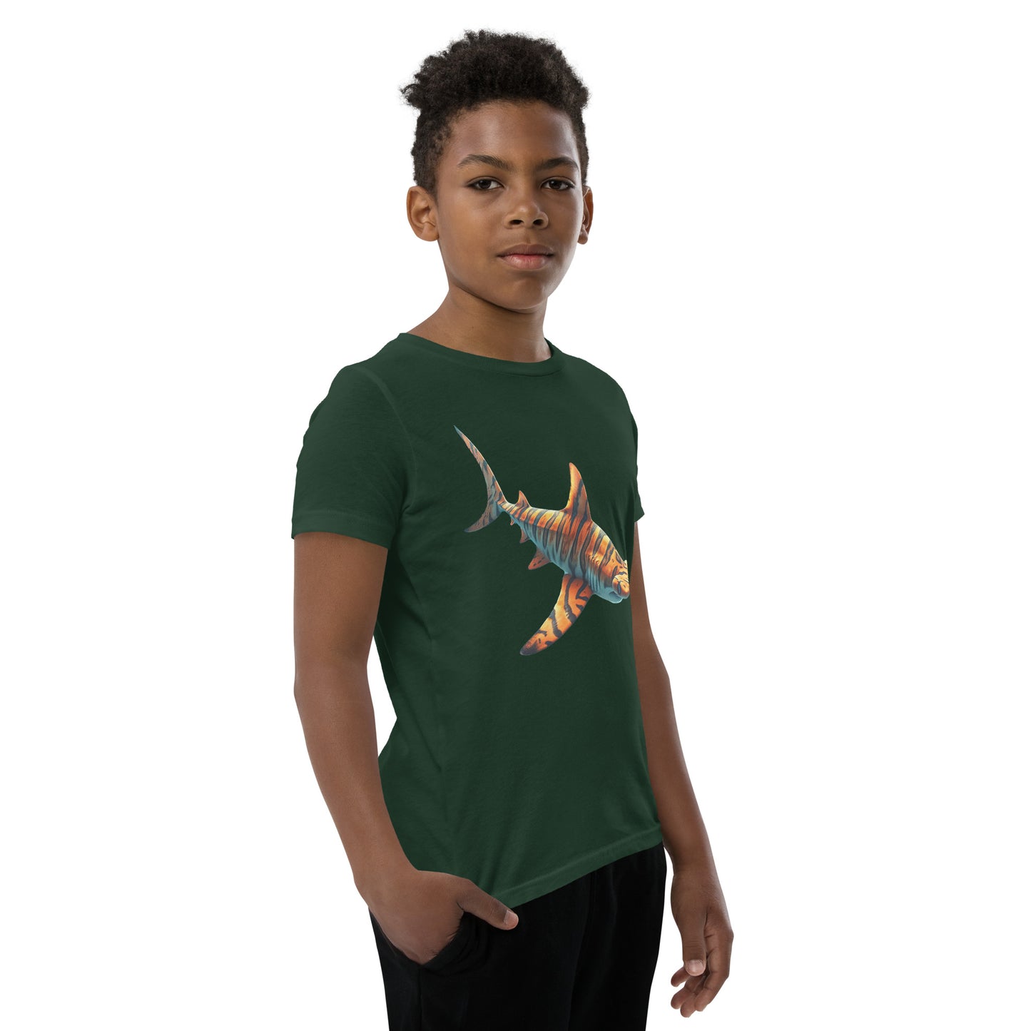 Youth with a forest T-shirt and print of a hammerhead sharp