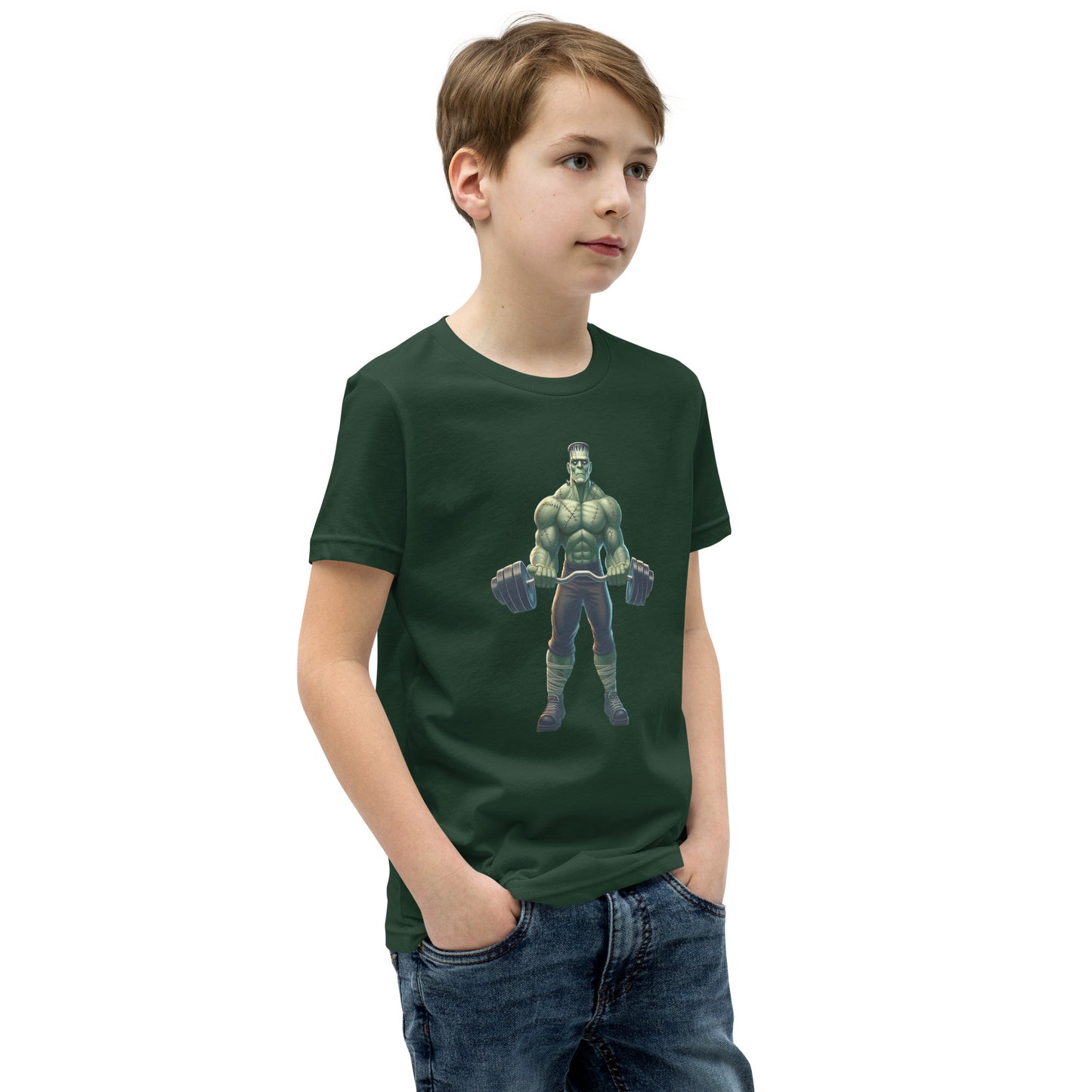 Youth with forest green T-shirt with a print of a bodybuilder