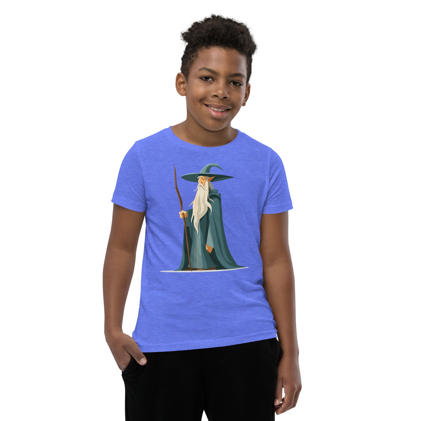 Boy with a columbia blue T-shirt with a picture of a magician