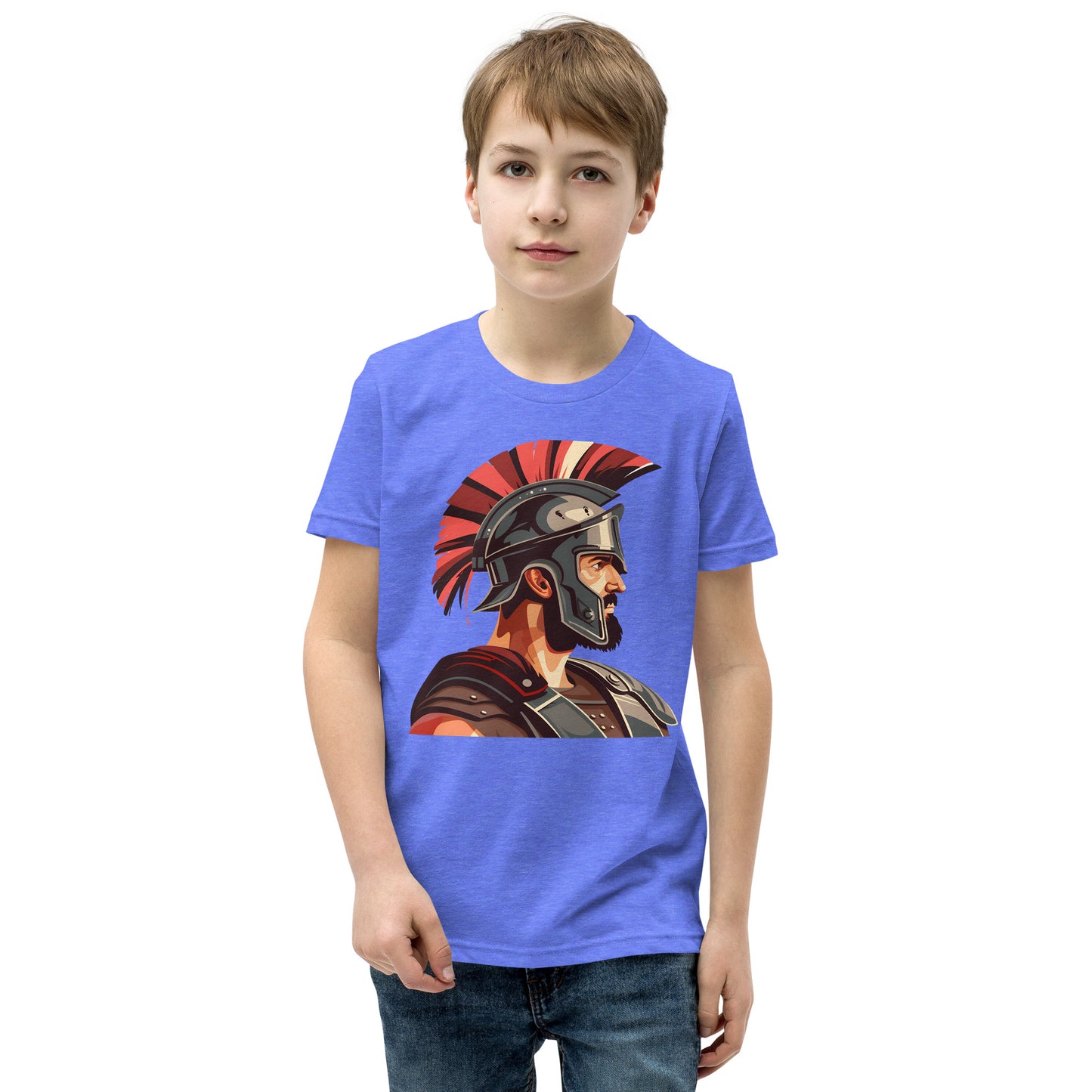 Teenager with a Columbia blue T-shirt with a print of a warrior