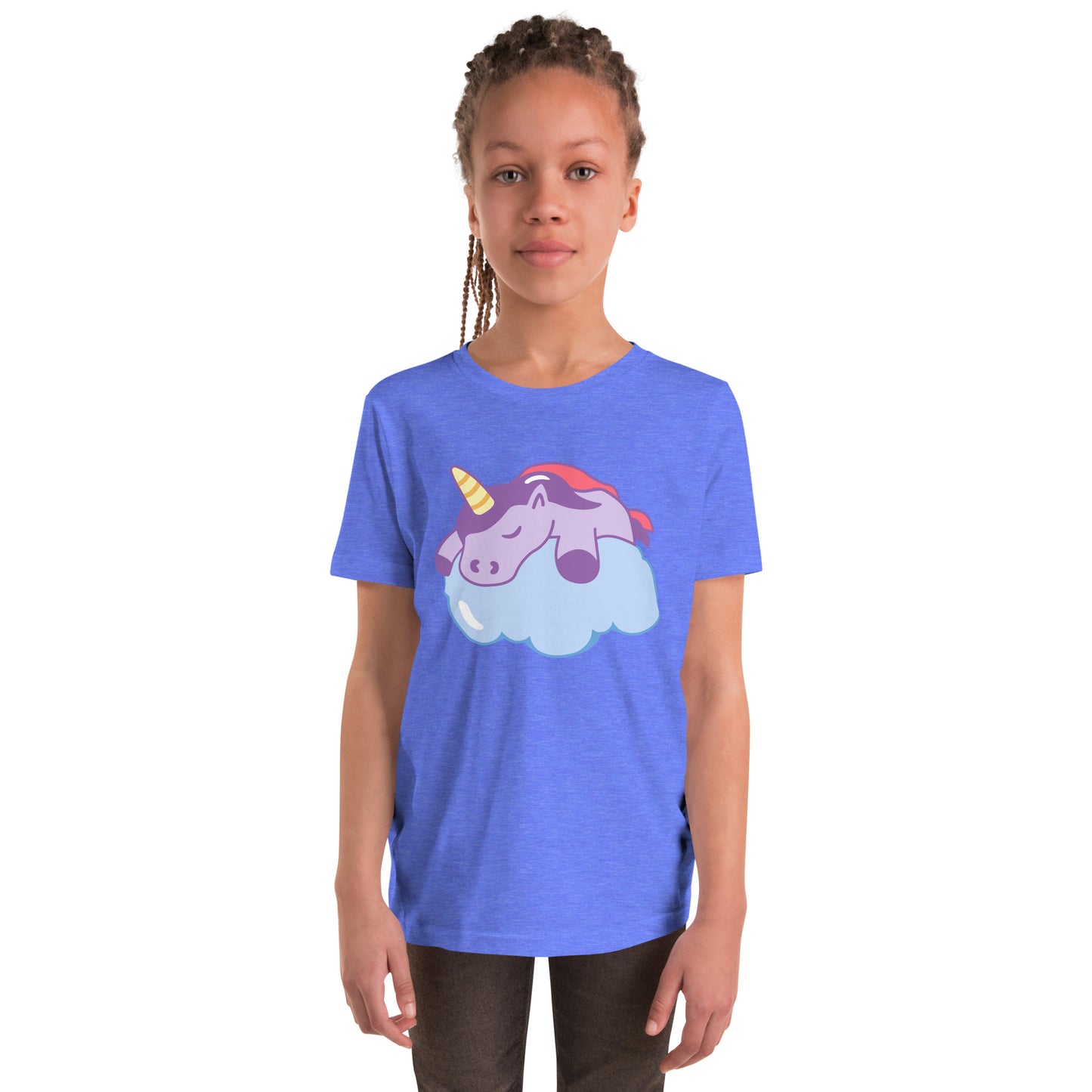 Youth with a columbia blue T-shirt with a print of a sleeping unicorn on a cloud
