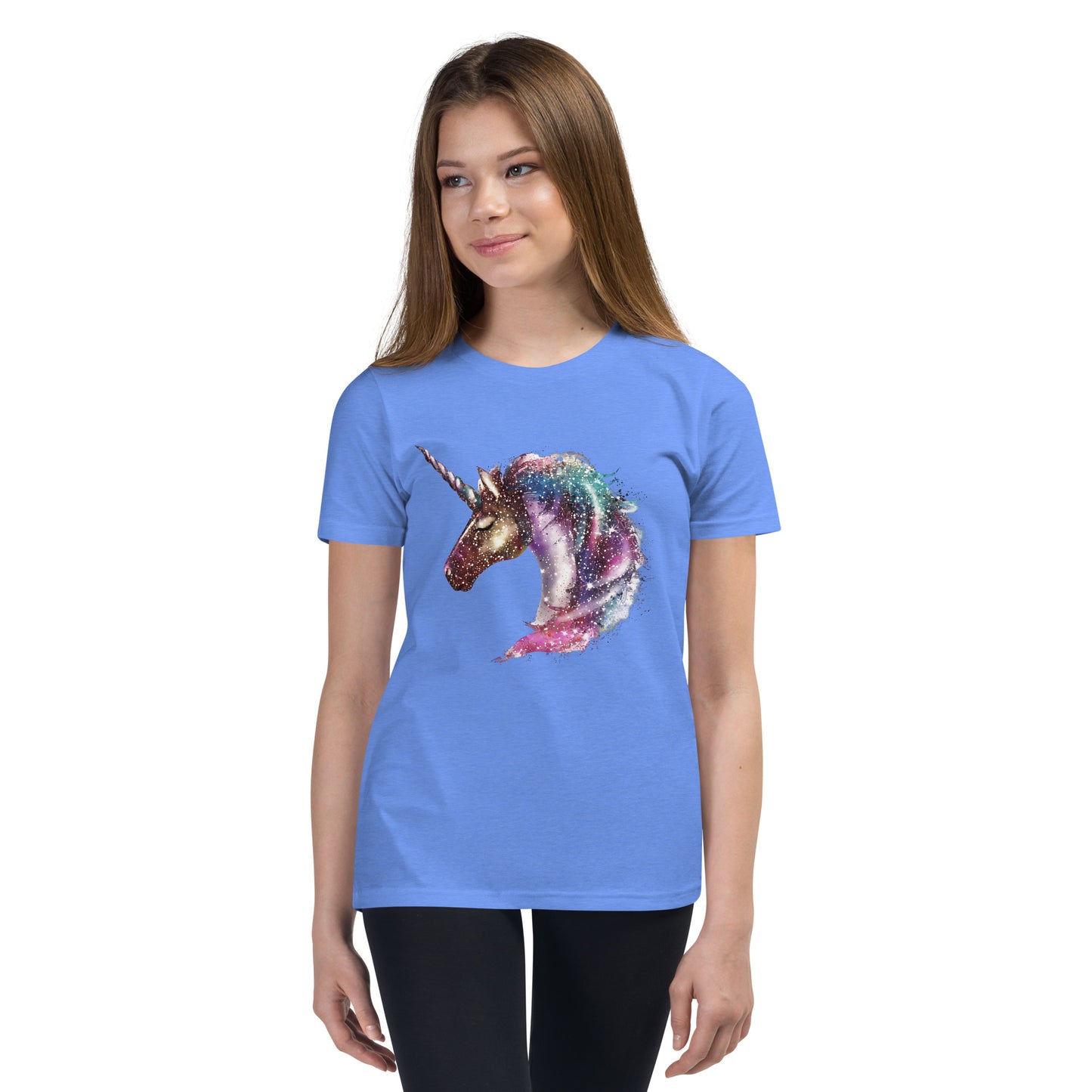 Girl with colombia blue T-shirt with print of a unicorn
