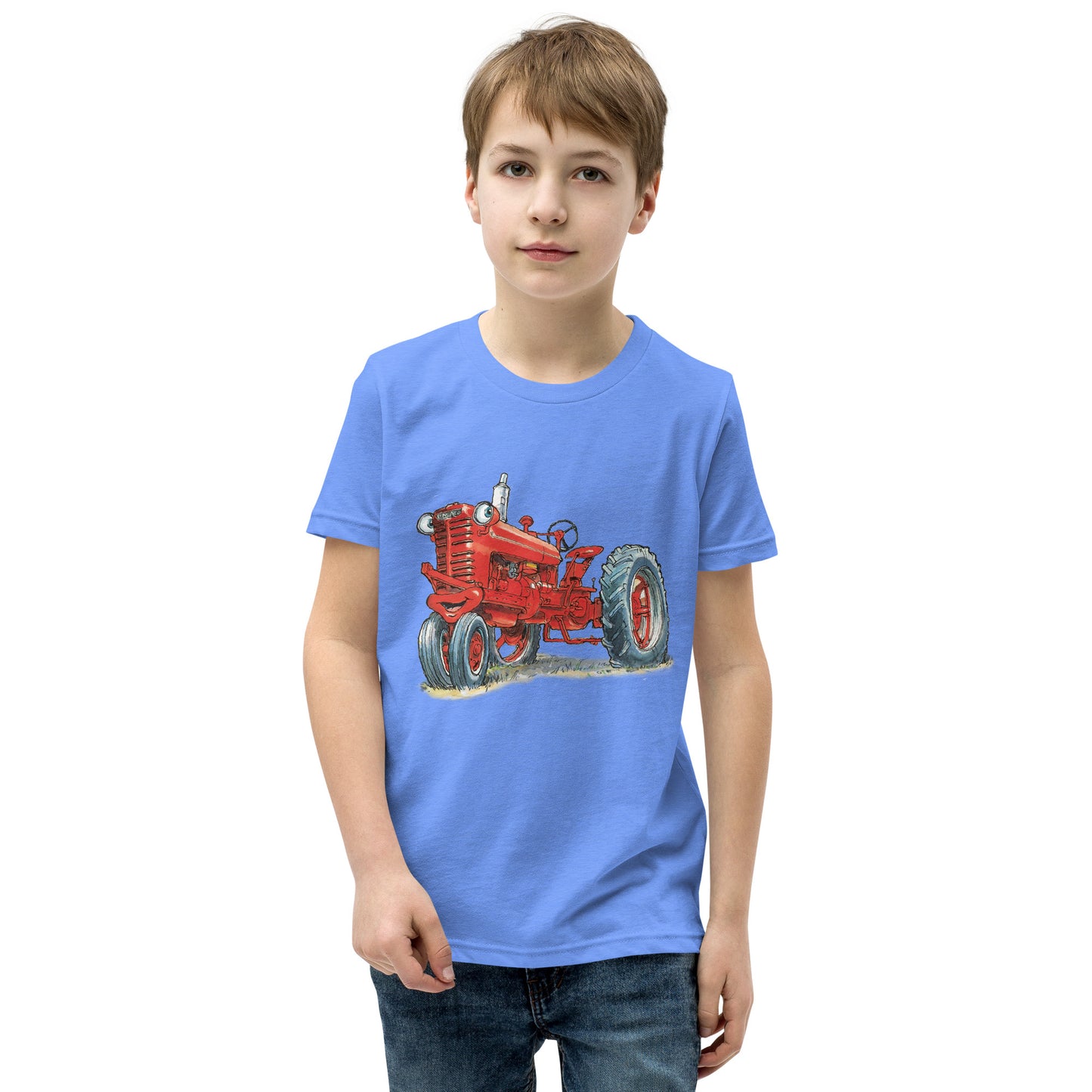 Youth columbia blue T-shirt with a print of a red tractor