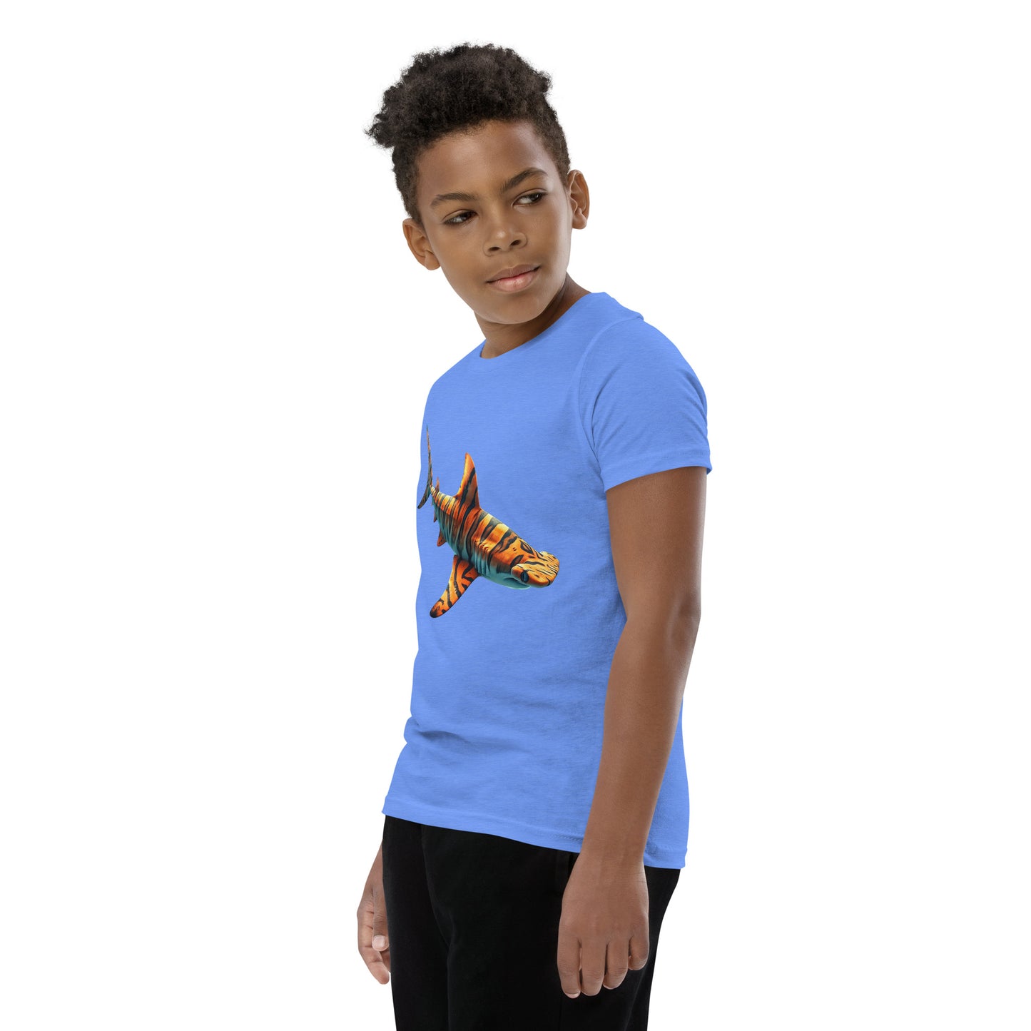 Youth with a columbia blue T-shirt and print of a hammerhead sharp