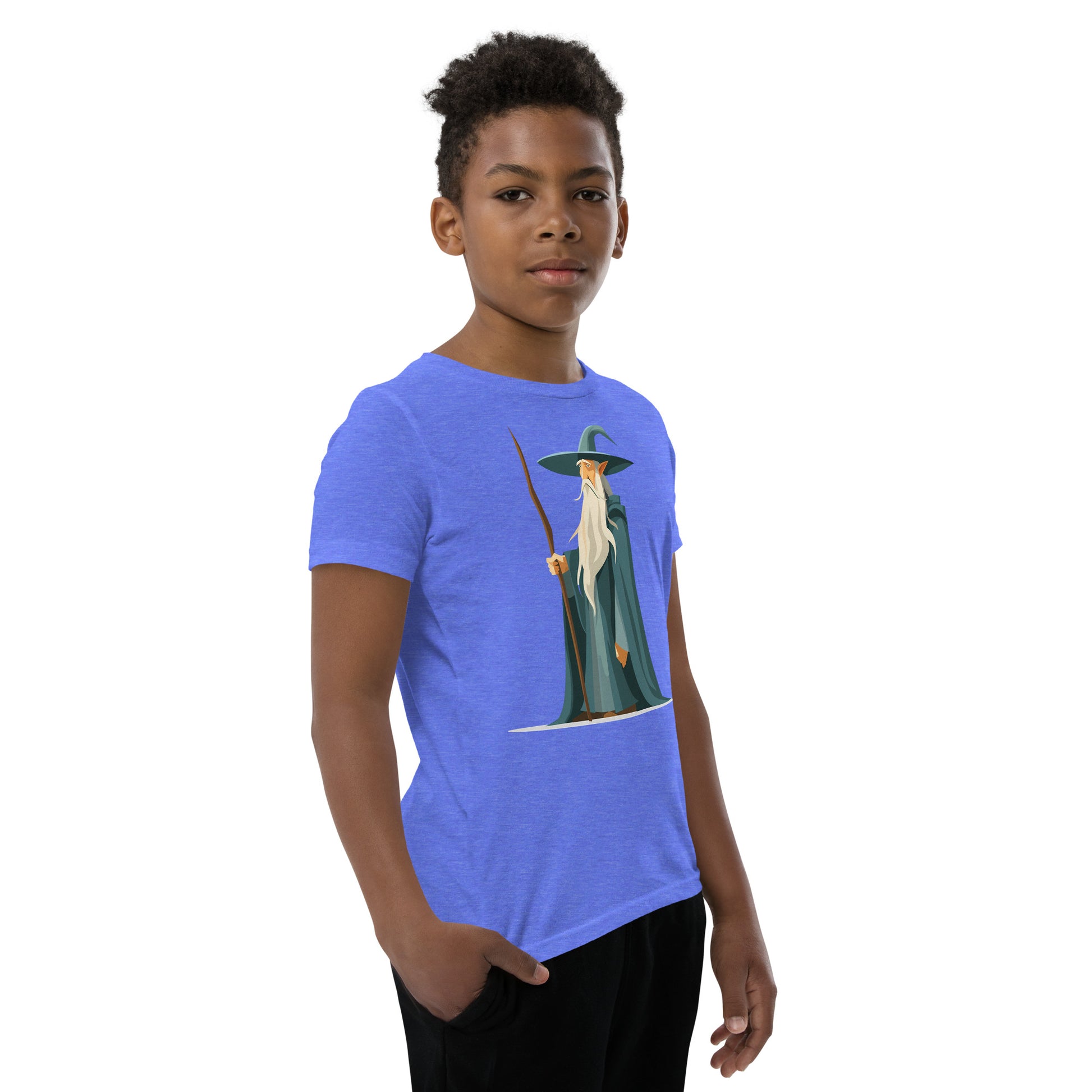 Boy with a columbia blue T-shirt with a picture of a magician