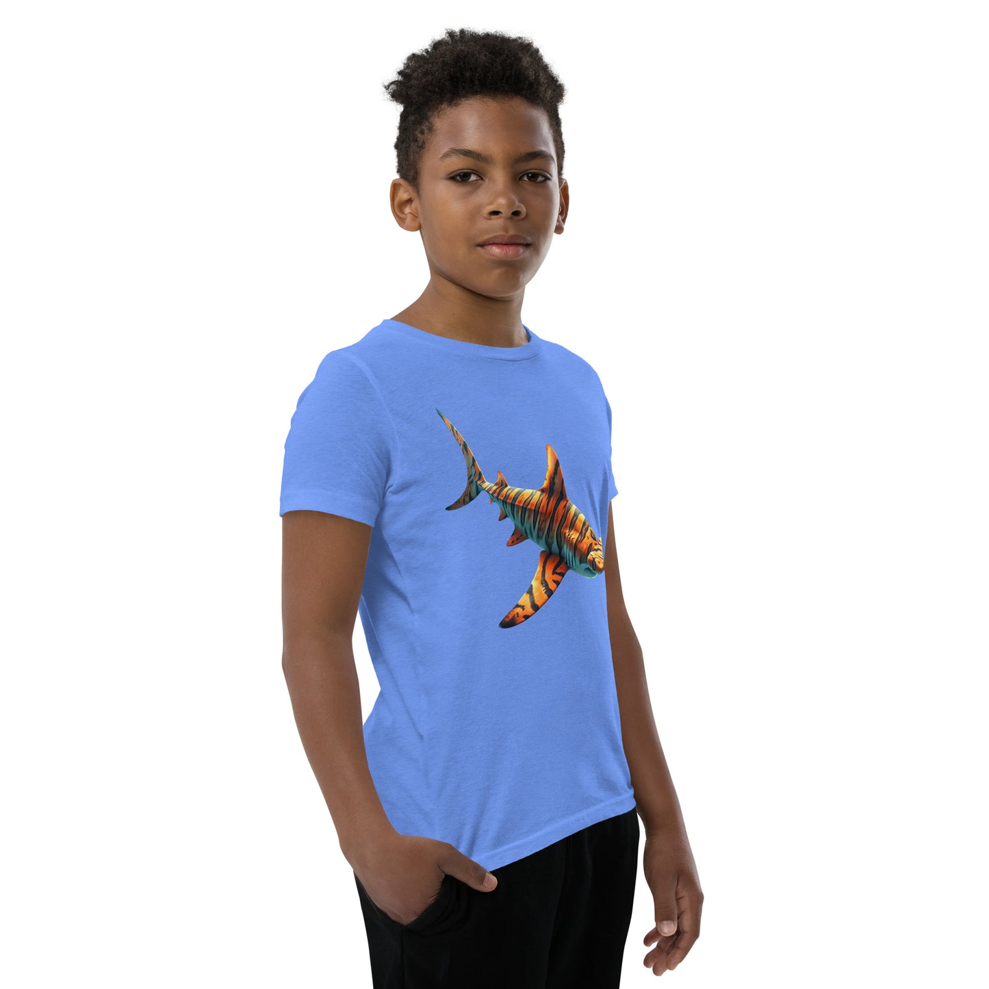 Youth with a columbia blue T-shirt and print of a hammerhead sharp