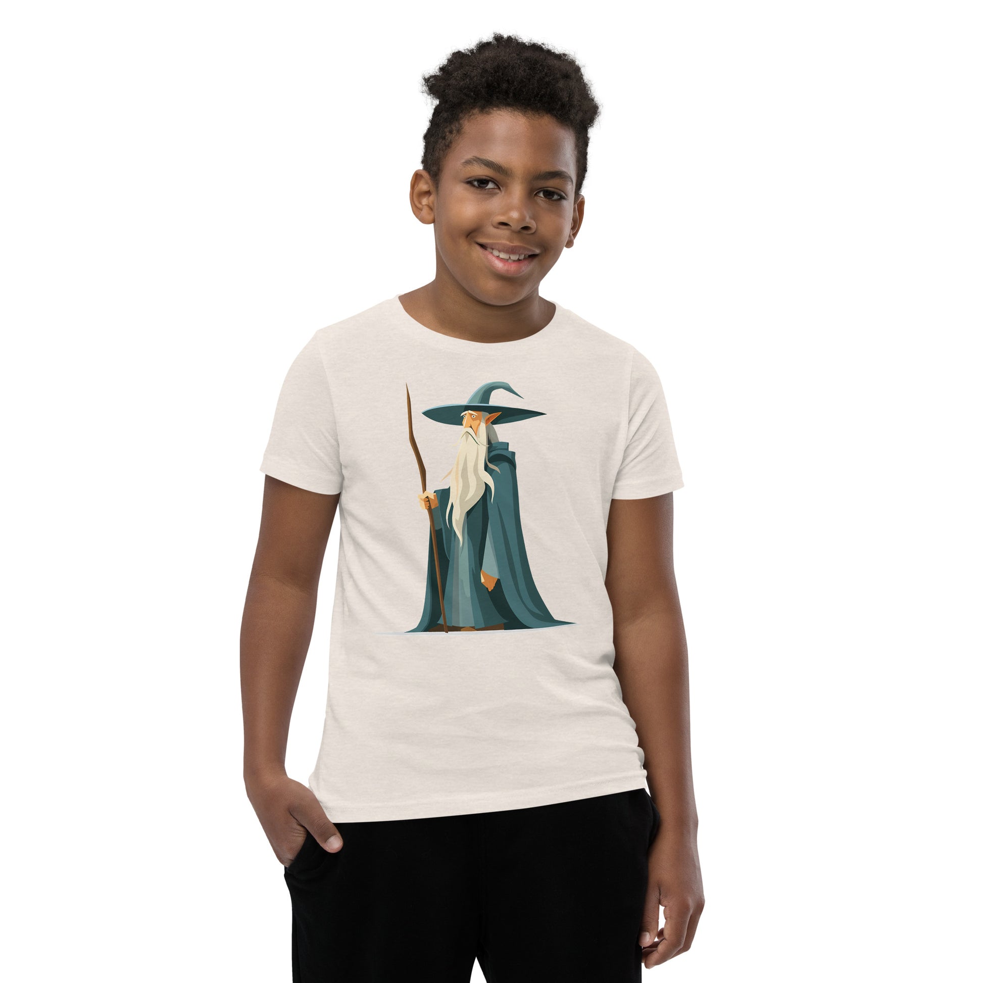 Boy with a heather dust T-shirt with a picture of a magician
