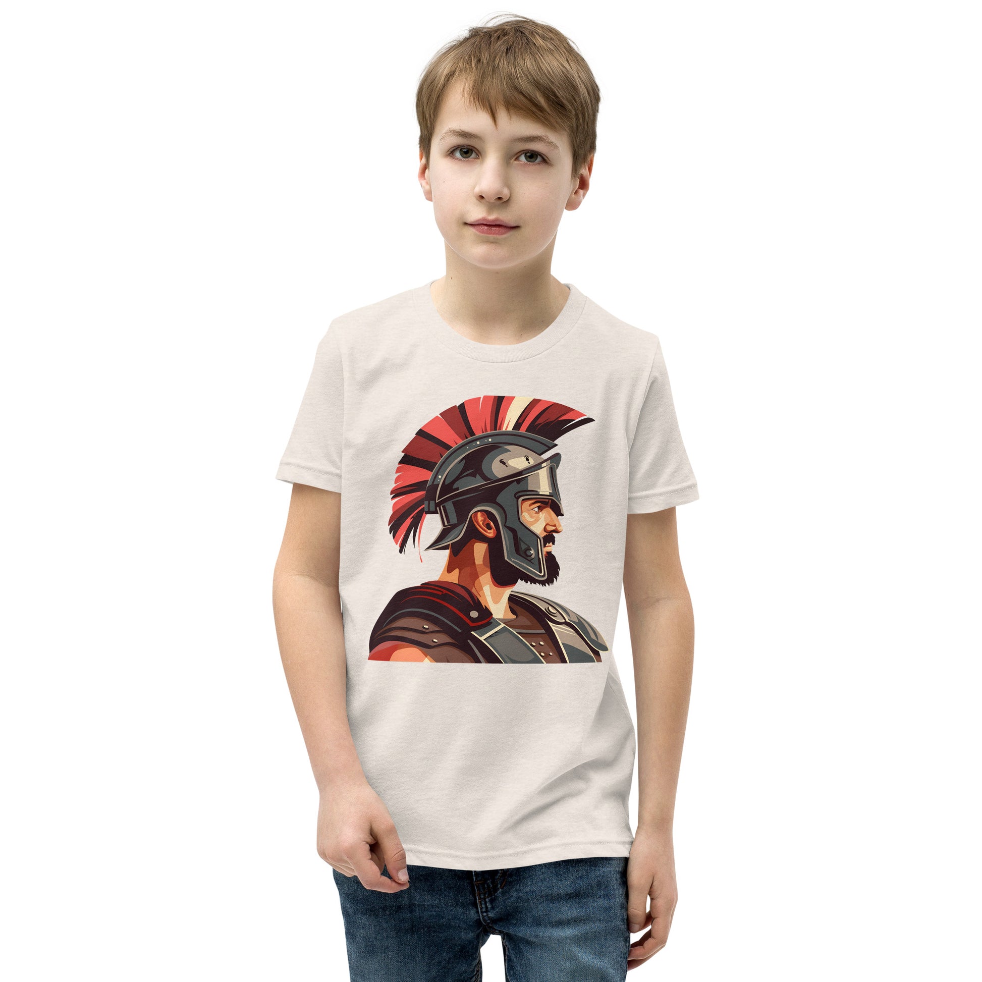 Teenager with a Heather dust T-shirt with a print of a warrior
