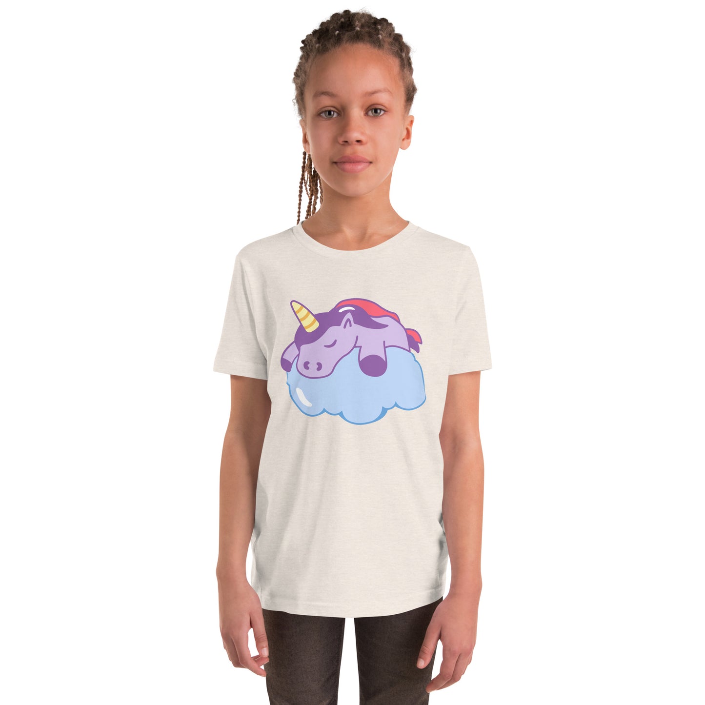Youth with a heather dust T-shirt with a print of a sleeping unicorn on a cloud