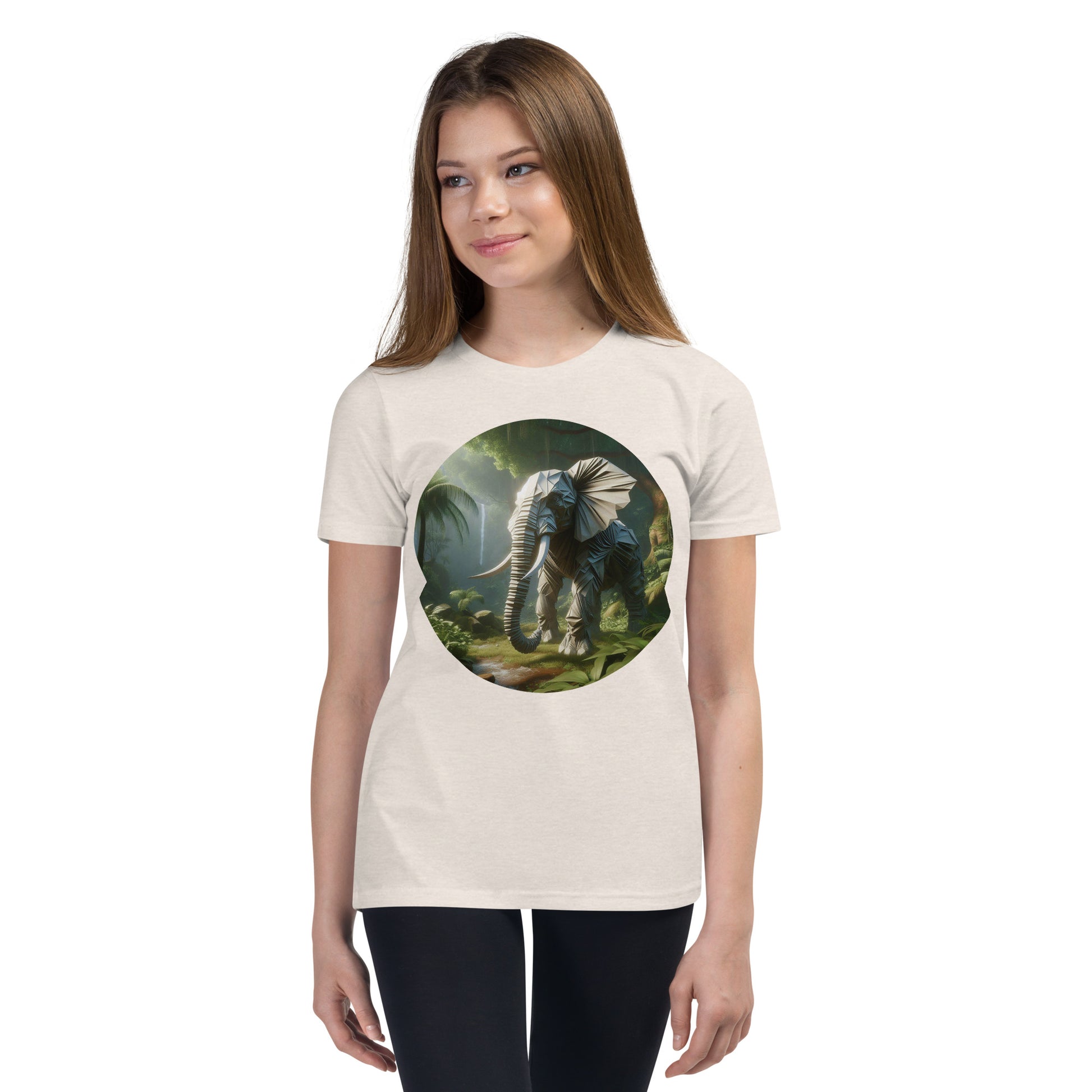 Youth with heather dustT-shirt with a print of a Elephant in the woud
