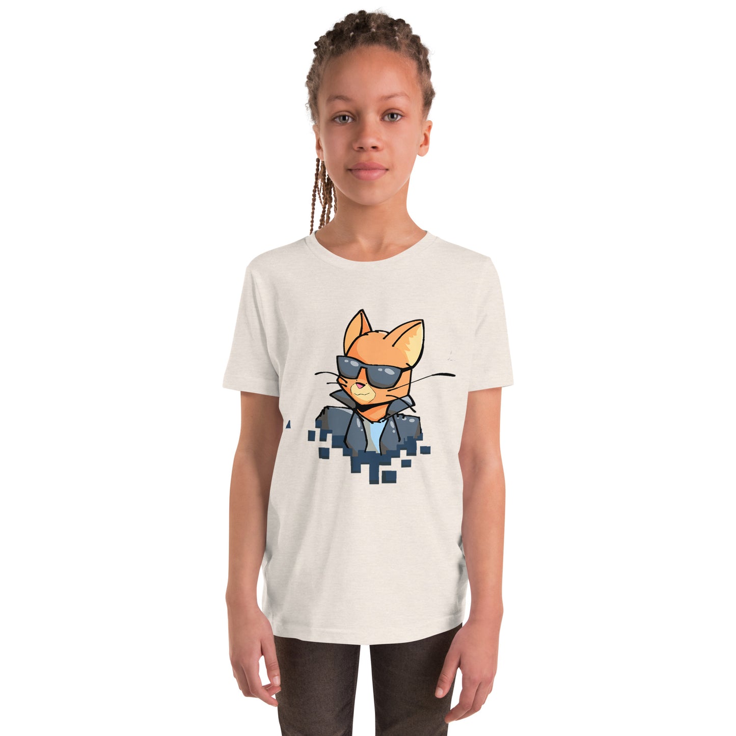 Youth staple tee in heather dust with cool cat