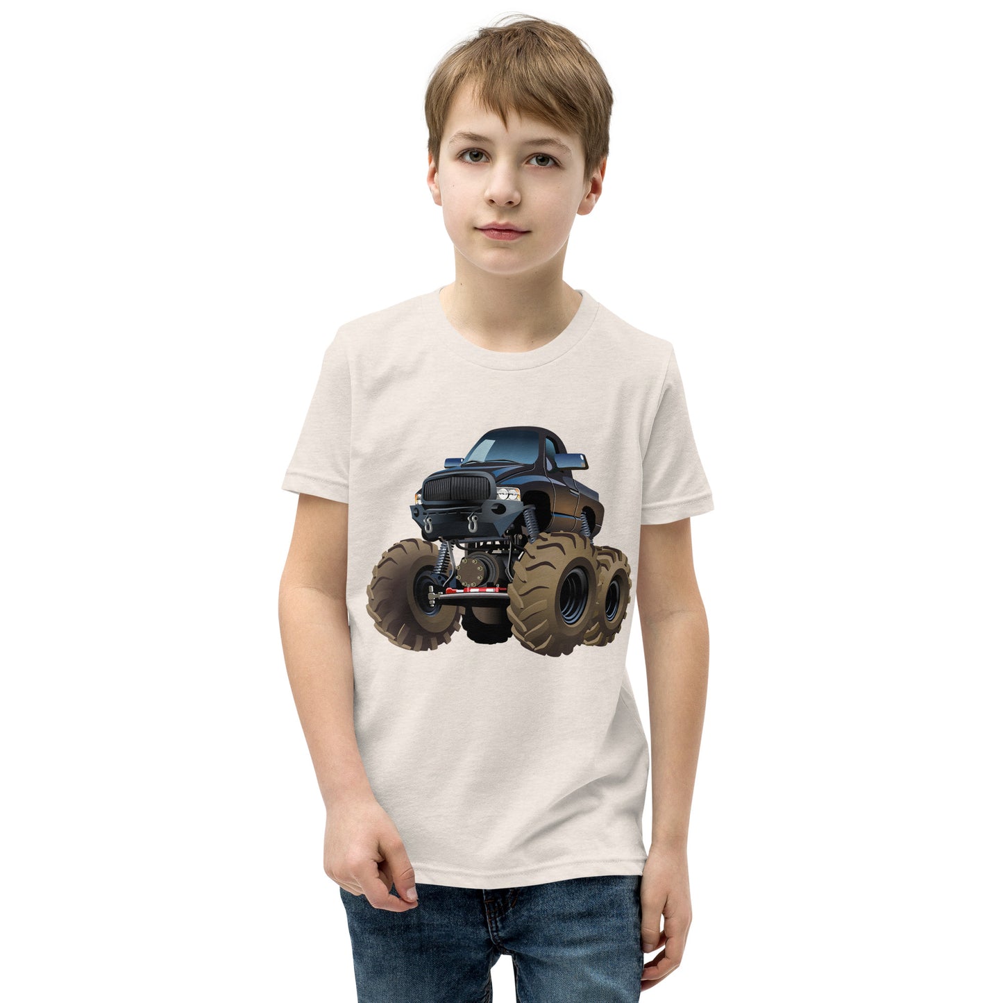 Boy with heather dust T-shirt with picture of a monstertruck