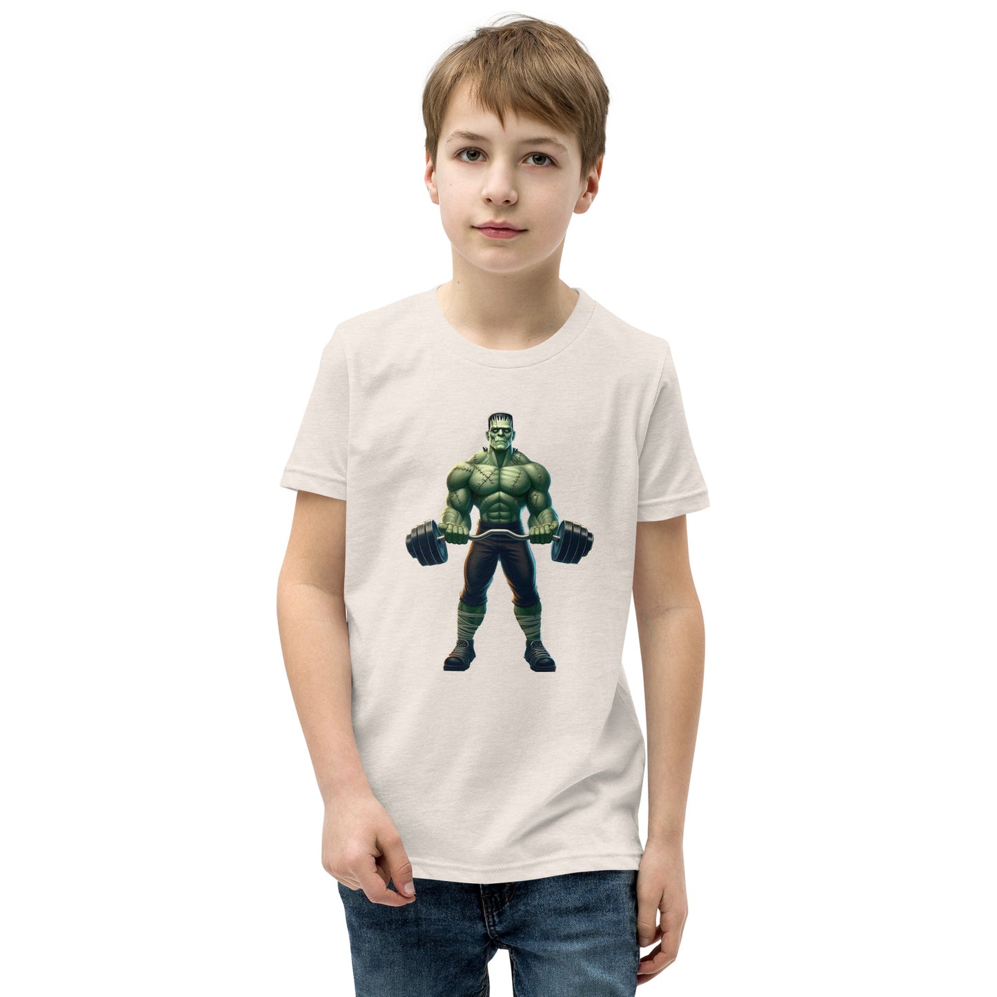 Youth with dust T-shirt with a print of a bodybuilder