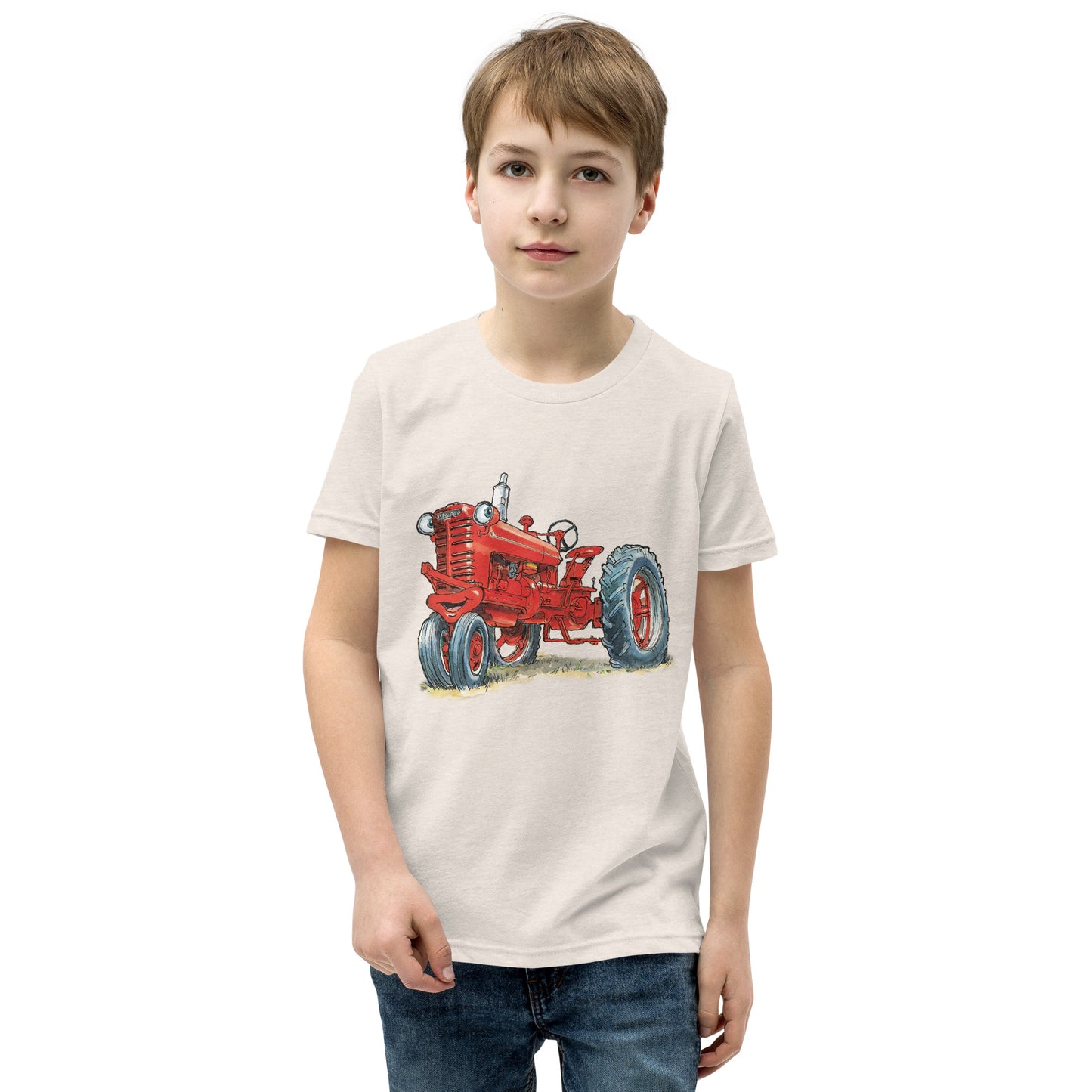 Youth heather dust T-shirt with a print of a red tractor