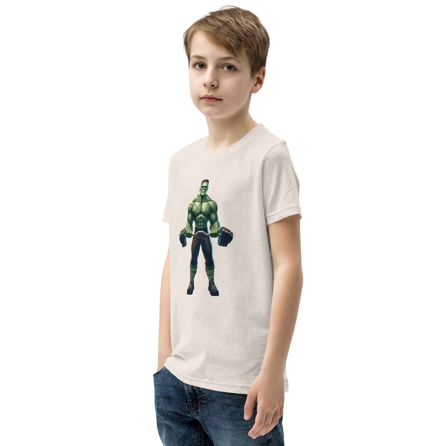 Youth with dust T-shirt with a print of a bodybuilder