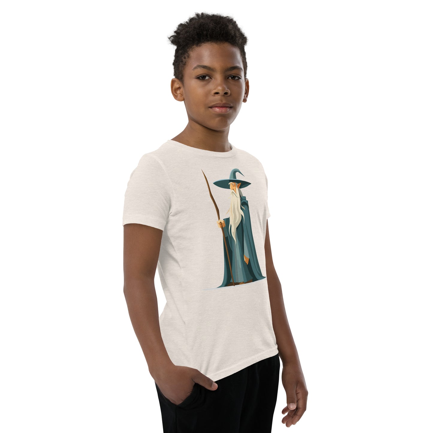 Boy with a heather dust T-shirt with a picture of a magician