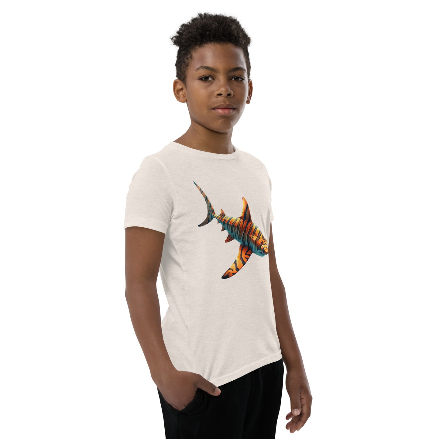 Youth with a dust T-shirt and print of a hammerhead sharp
