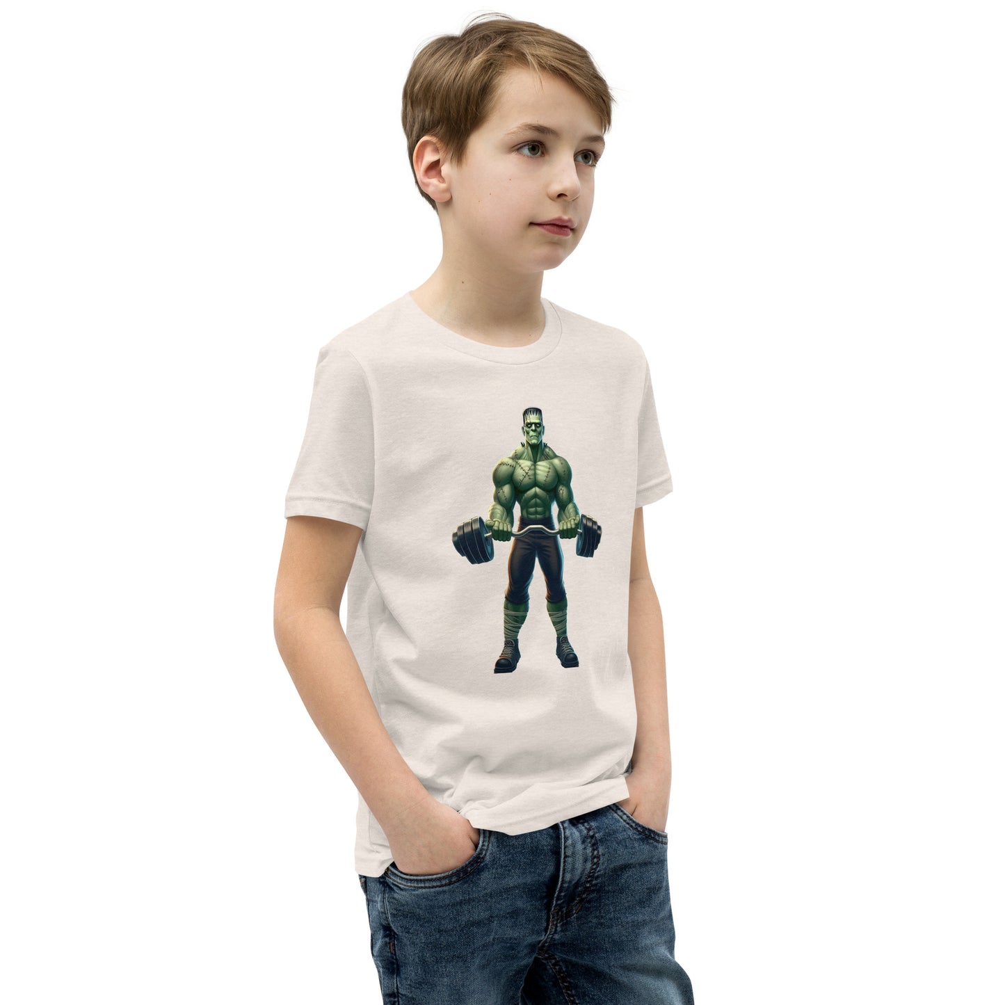 Youth with dust T-shirt with a print of a bodybuilder