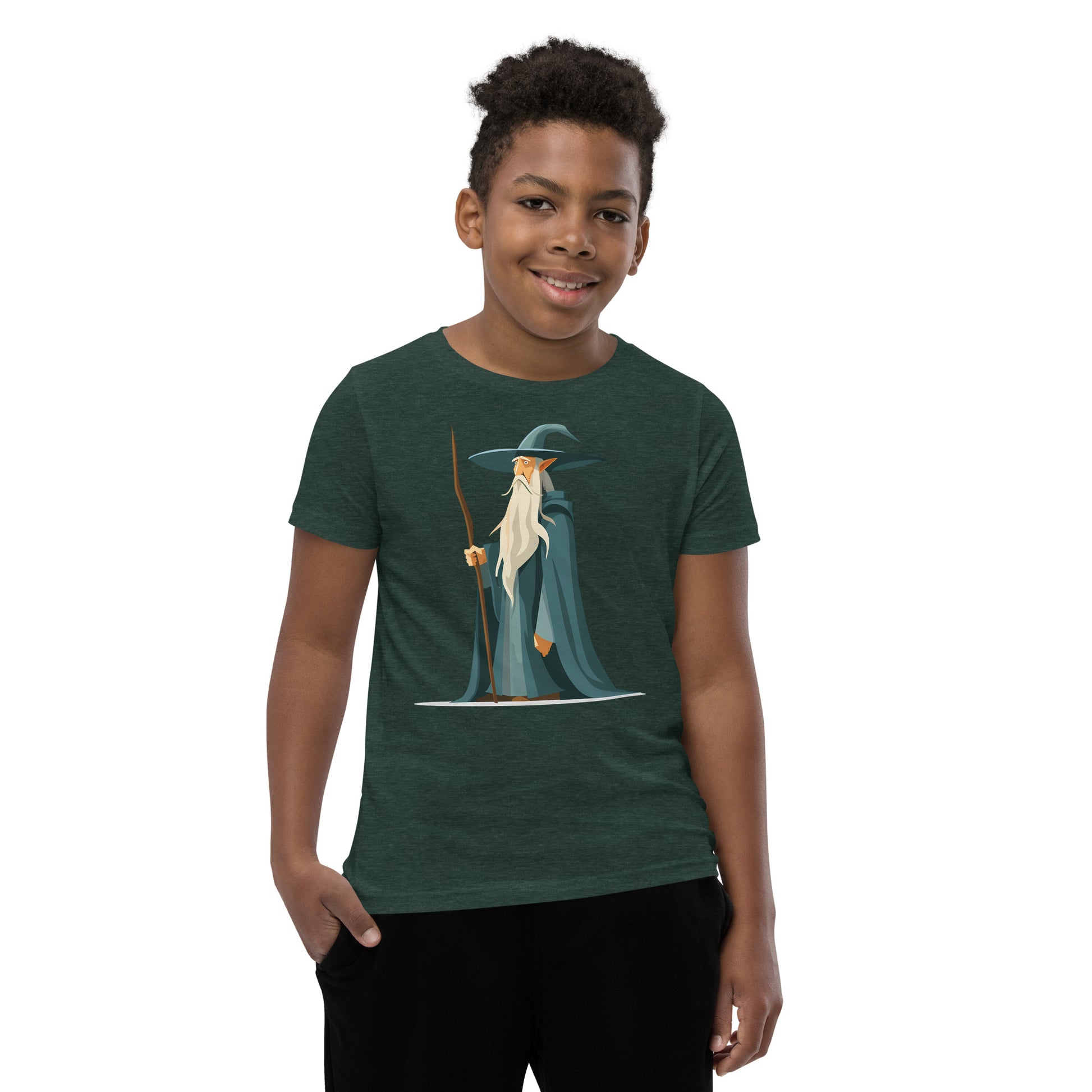 Boy with a green T-shirt with a picture of a magician