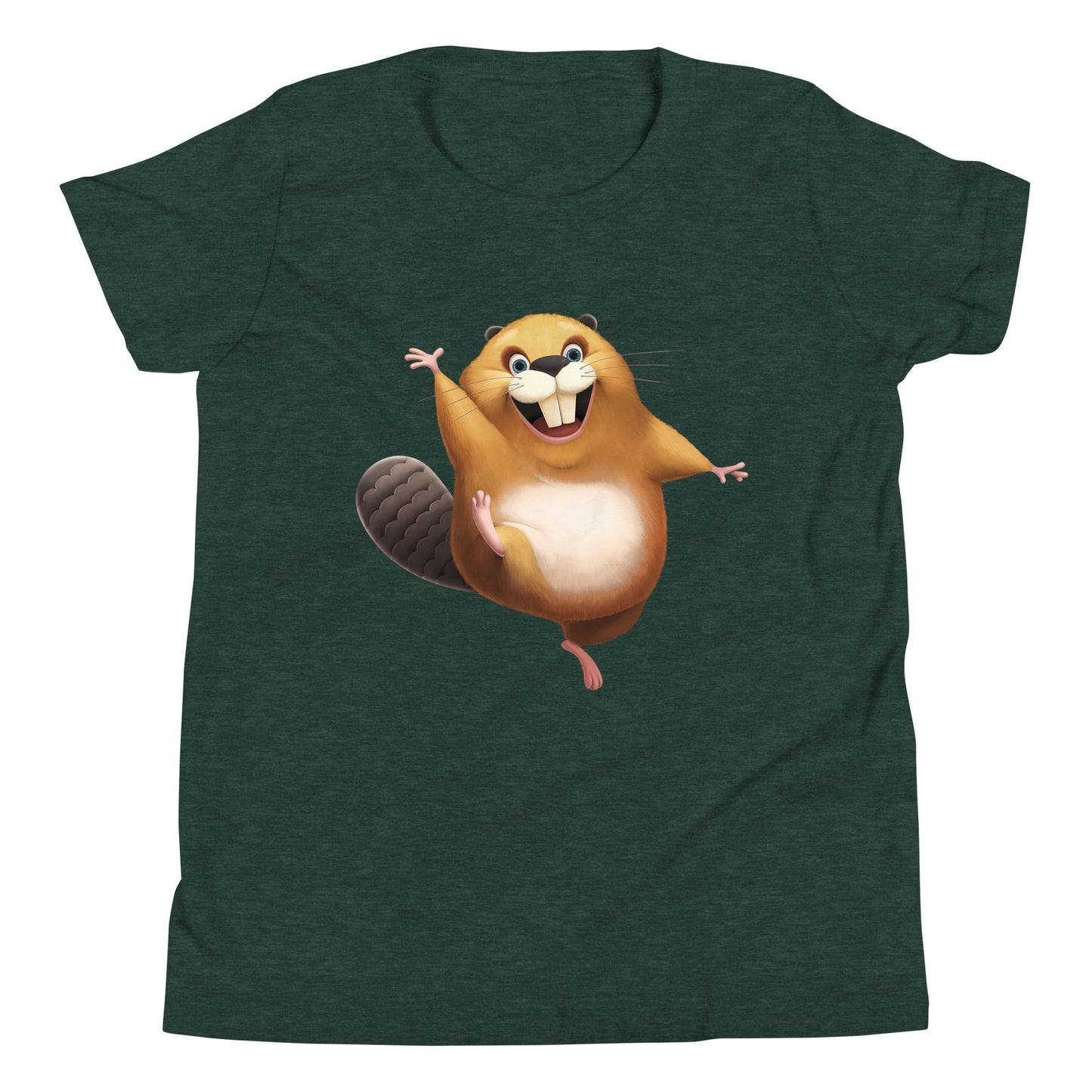 Forest green youth staple tee with happy beaver