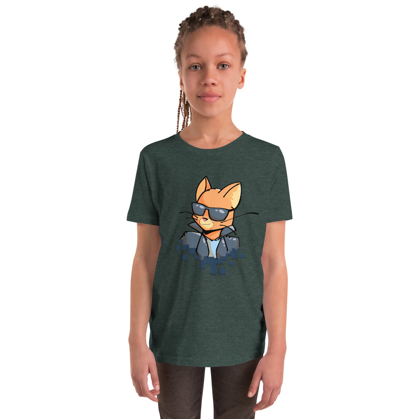 Youth staple tee in forest green with cool cat