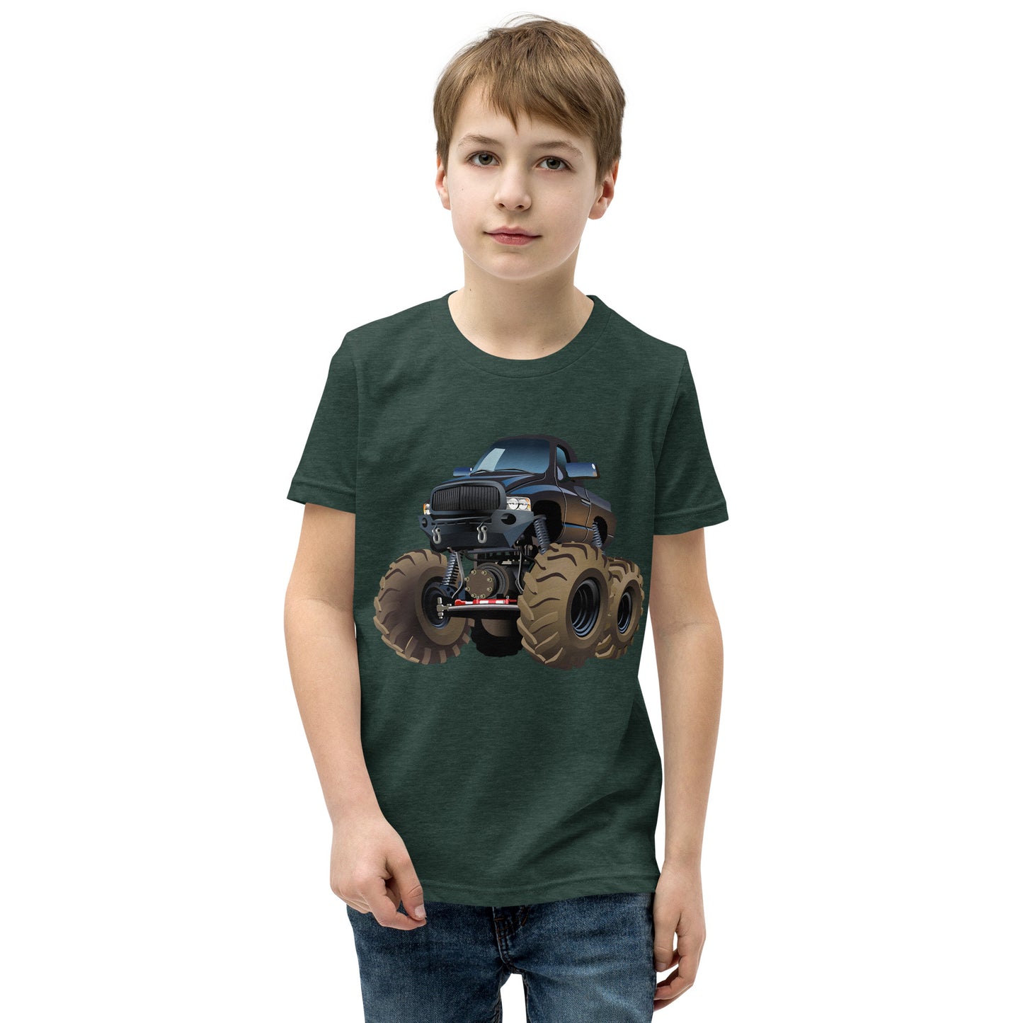 Boy with forest green T-shirt with picture of a monstertruck