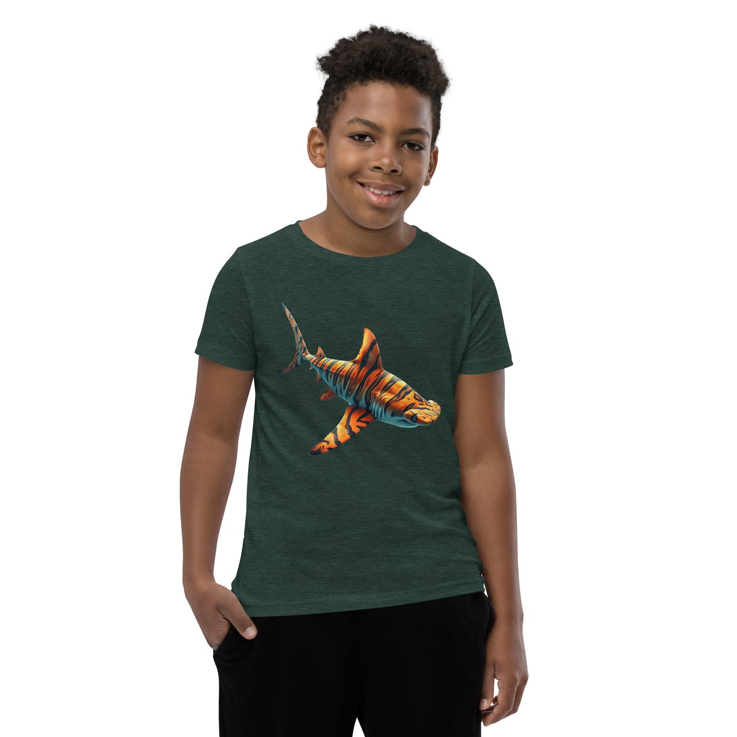 Youth with a forest T-shirt and print of a hammerhead sharp