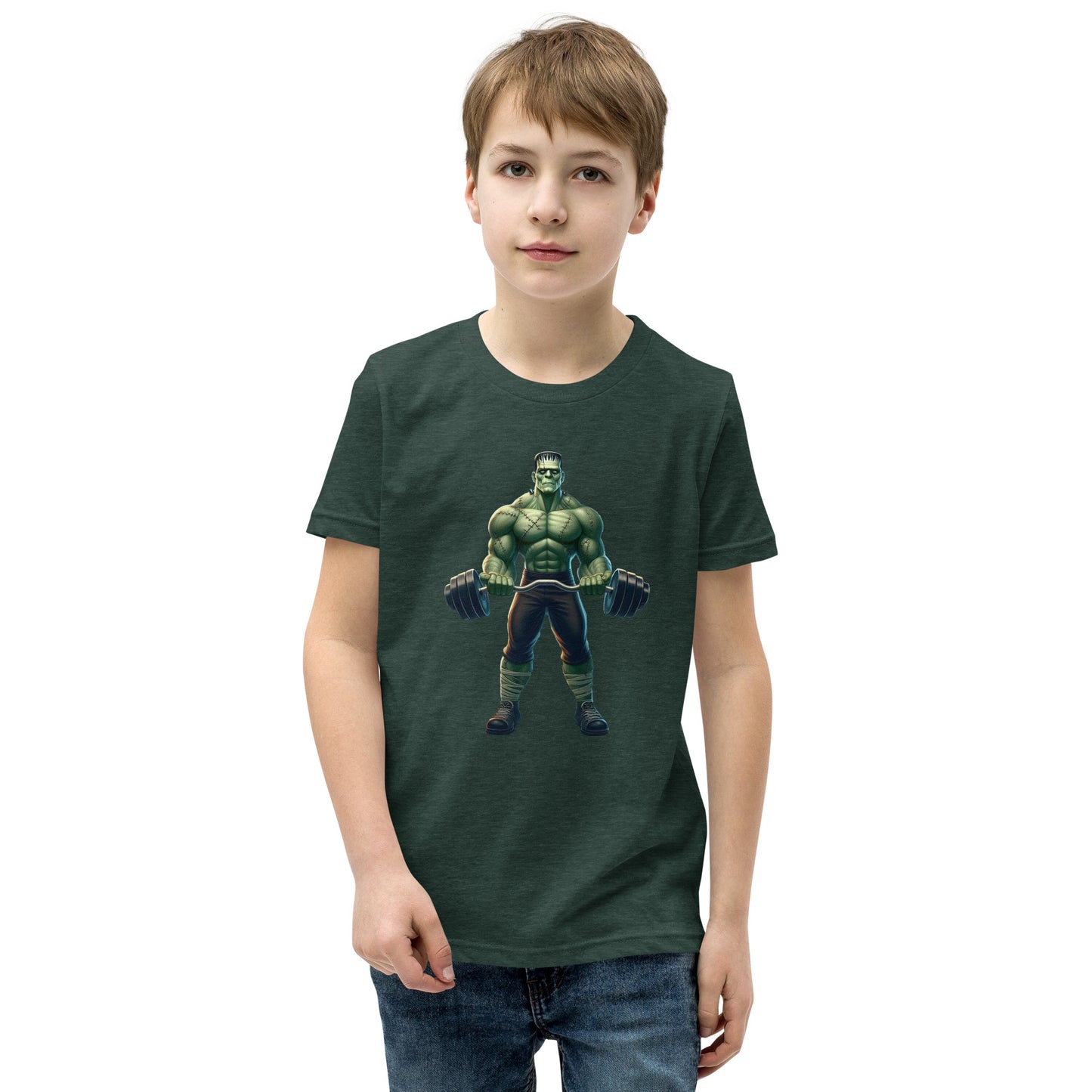 Youth with forest green T-shirt with a print of a bodybuilder