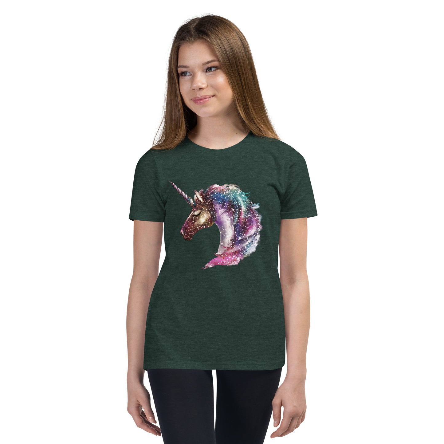 Girl with forest green T-shirt with print of a unicorn