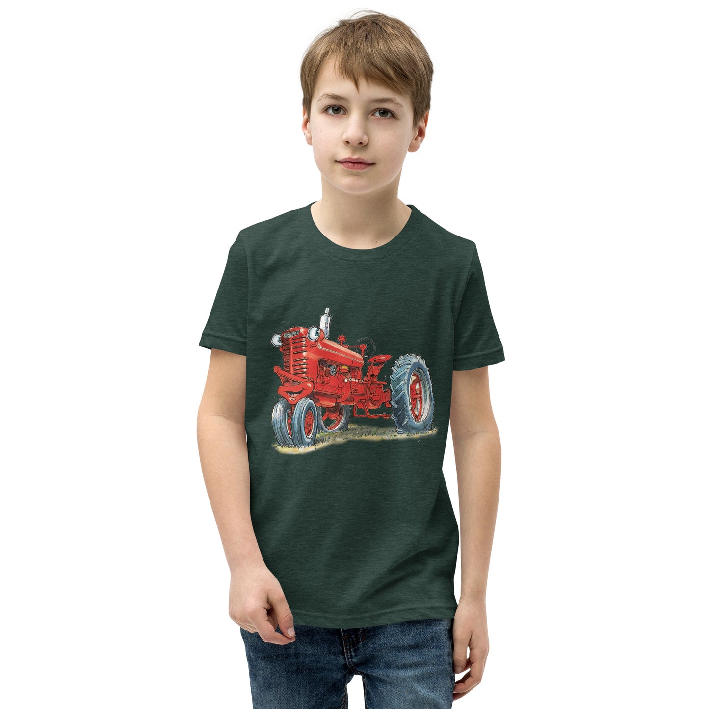 Youth forest green T-shirt with a print of a red tractor