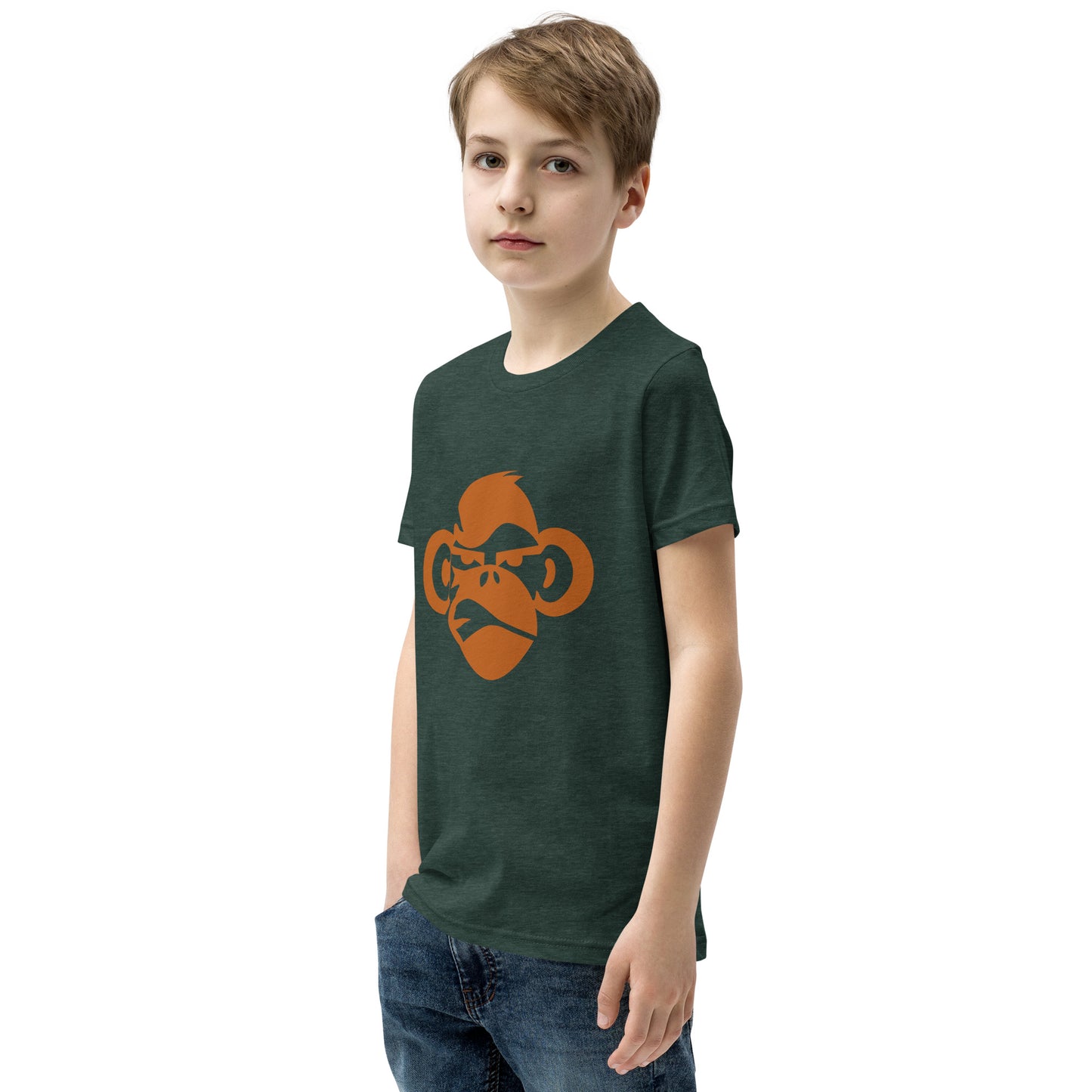 Youth with forest green T-shirt with a print of a head of a monkey in color brown
