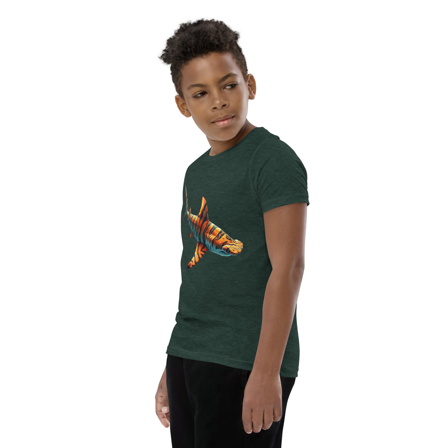 Youth with a forest T-shirt and print of a hammerhead sharp