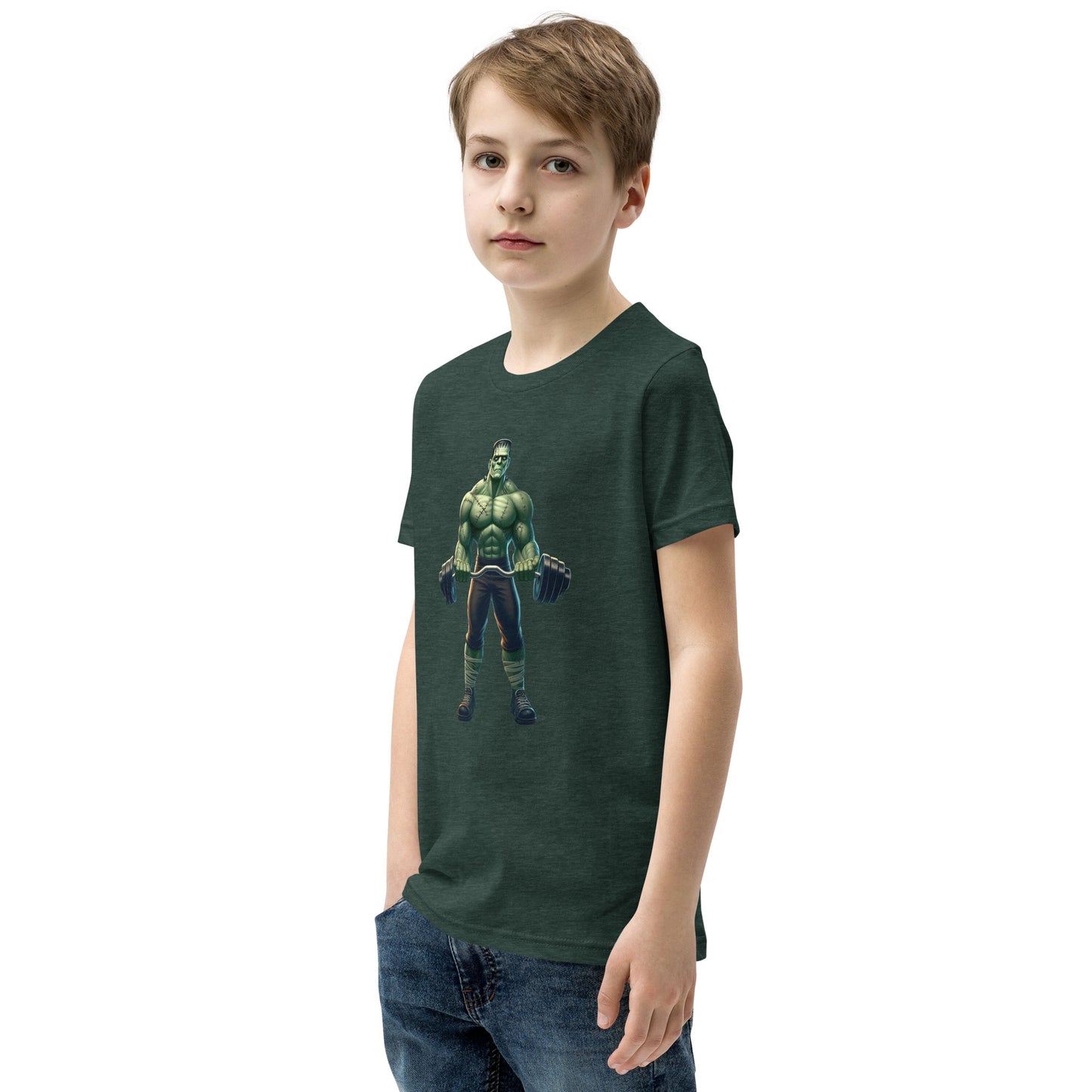 Youth with forest green T-shirt with a print of a bodybuilder