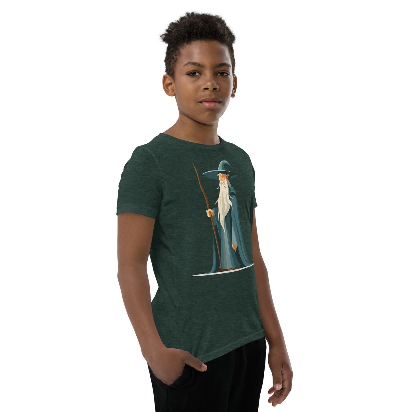 Boy with a green T-shirt with a picture of a magician