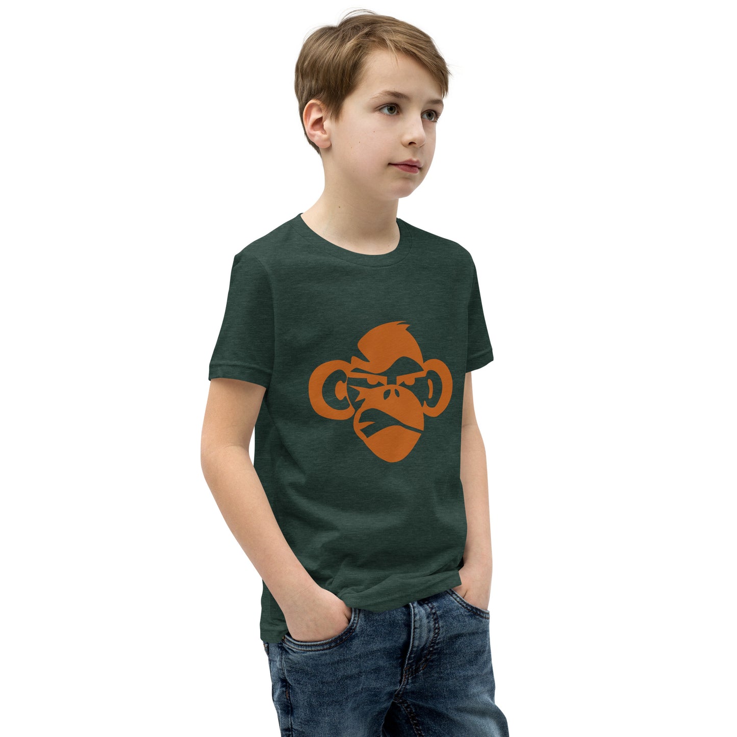Youth with forest green T-shirt with a print of a head of a monkey in color brown