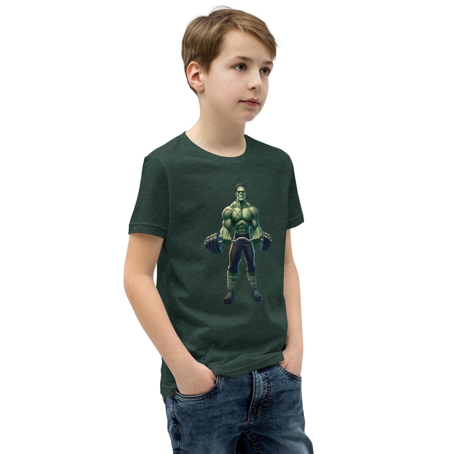 Youth with forest green T-shirt with a print of a bodybuilder