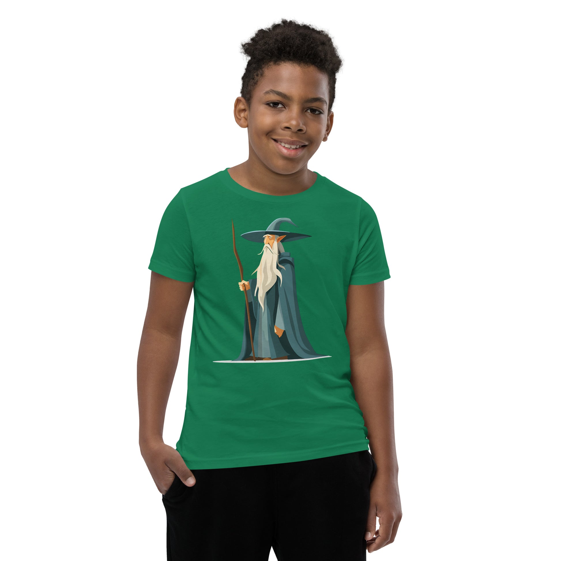Boy with a green T-shirt with a picture of a magician
