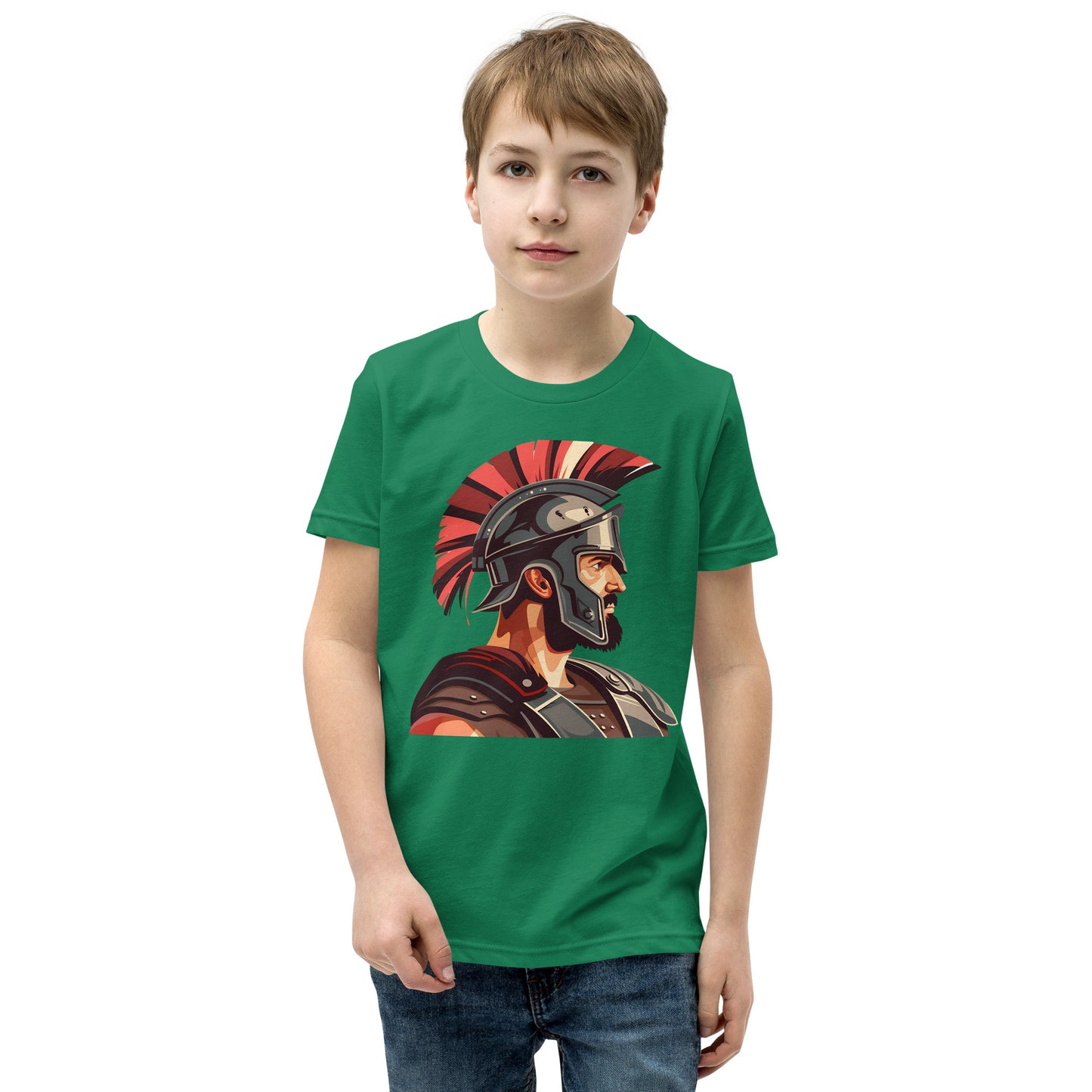 Teenager with a green T-shirt with a print of a warrior