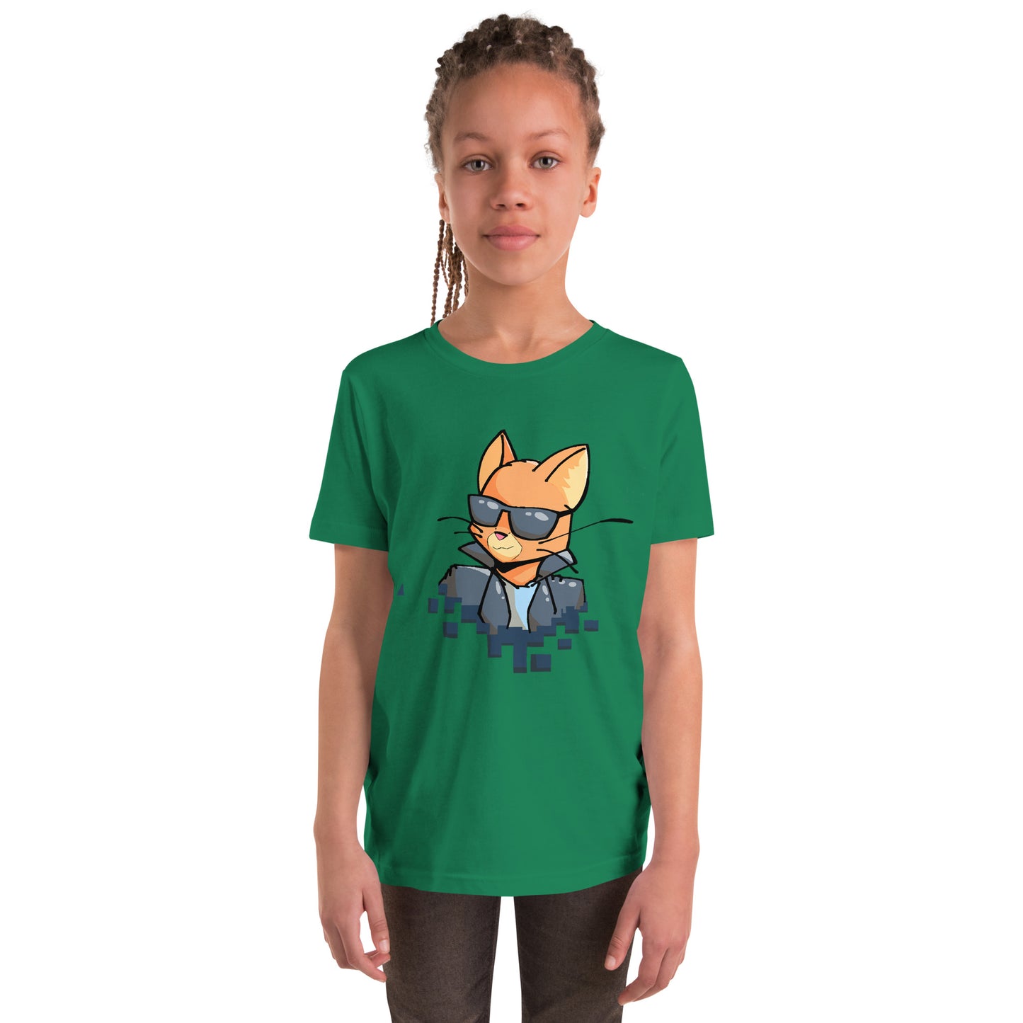 Youth staple tee in Kelly green with cool cat