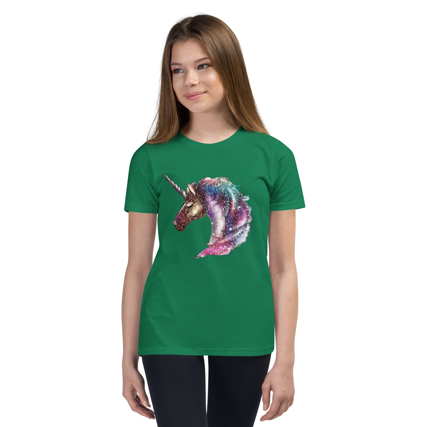 Girl with Kelly green T-shirt with print of a unicorn
