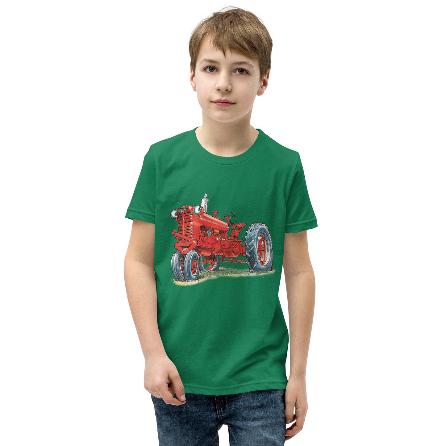 Youth Kelly green T-shirt with a print of a red tractor