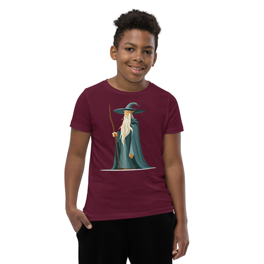 Boy with a maroon T-shirt with a picture of a magician