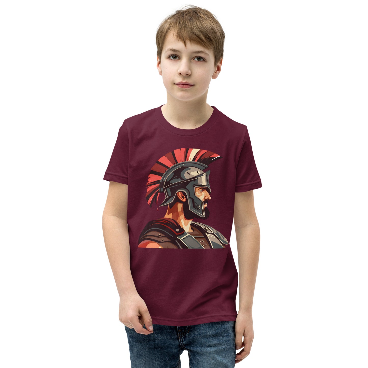 Teenager with a maroon T-shirt with a print of a warrior