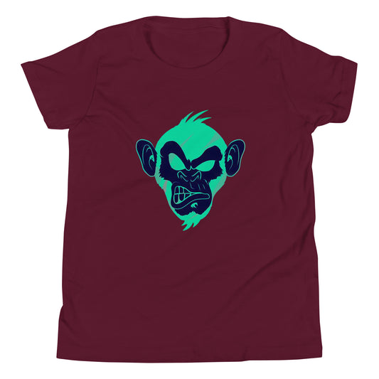 Maroon T-shirt with print of a Cool monkey in black light green