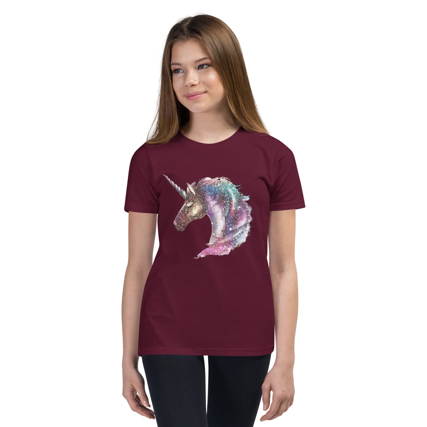 Girl with maroon T-shirt with print of a unicorn